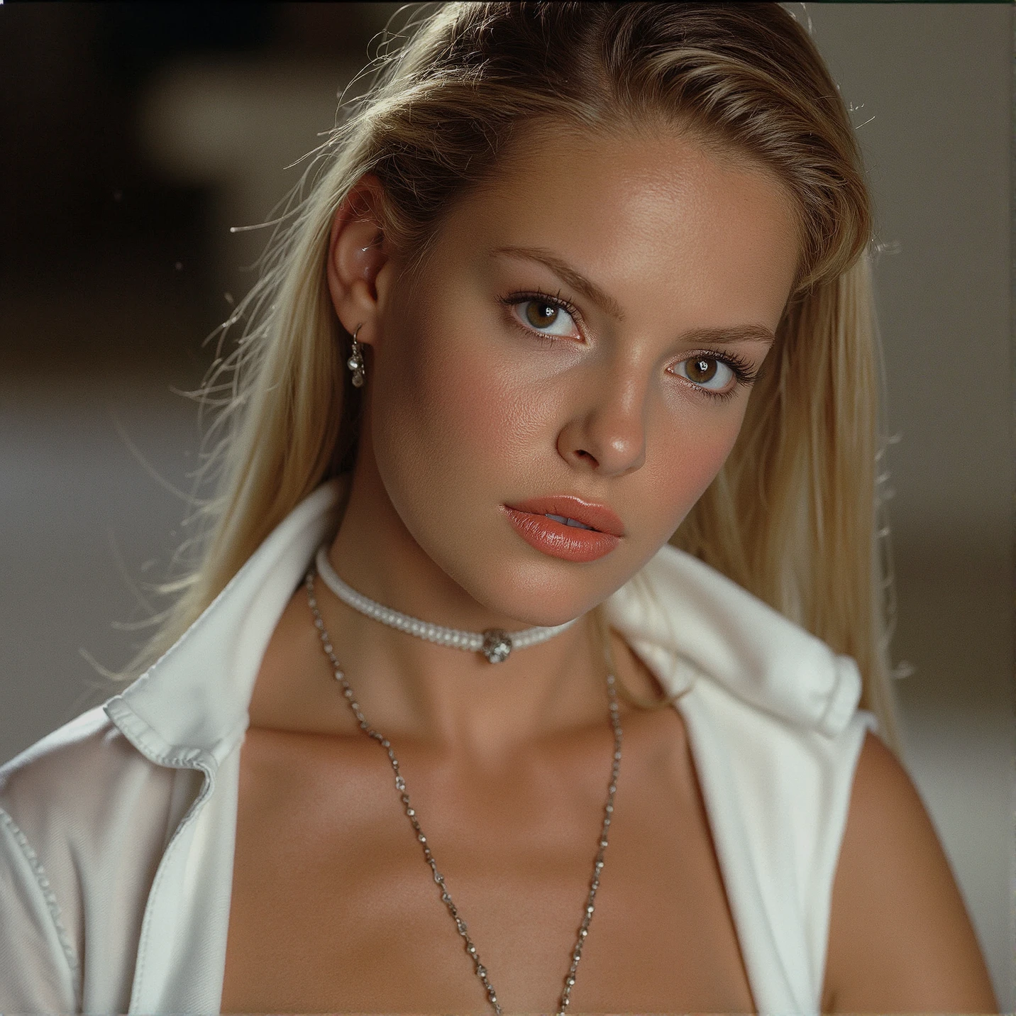Breathtaking over the shoulder shot photography of ohwx looking at viewer, high collar white blouse, imperfections, necklace with ornament falling down her back, looking over shoulders, eyelashes, fine hair detail, entire hairstyle visible, perfect eyes with iris pattern, sensual lips, nose, (perfectly sharp:1.3), realistic textures, (deep focus on subject, blurred background:1.4), 8k uhd, dslr, ultra high quality image, film grain, Fujifilm XT3