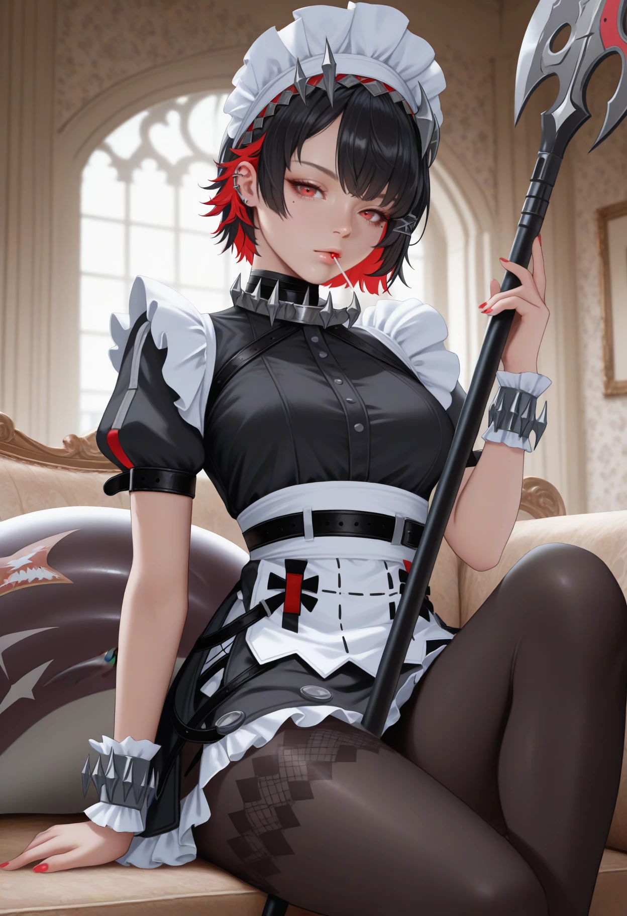 masterpiece, best quality, realistic, solo, 1girl, ell3nj0e, mole under eye, shark tail, fins, ear piercing, expressionless, looking at viewer, sitting, on couch, holding weapon, holding polearm, food in mouth, candy, short hair, colored inner hair, black hair, red hair, x hair ornament, maid headdress, red eyes, frills, short dress, black dress, frilled dress, puffy short sleeves, wrist cuffs, white apron, maid apron, black belt, black pantyhose, red nails, indoors, mansion, european architecture, wallpaper \(object\)
<segment:yolo-Anzhc Face seg 640 v2 y8n.pt,0.4,0.5//cid=1>