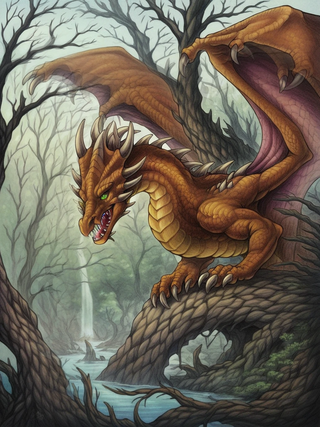 score_9, score_8_up, score_7_up, <lora:Might__Magic_Collection:0.7> rustdragon, spikes, dragon, wings, head creast, orange scales, green eyes, tail_club, claws, sharp teeth, tail, withered forest, inricate details, detailed, high quality artwork