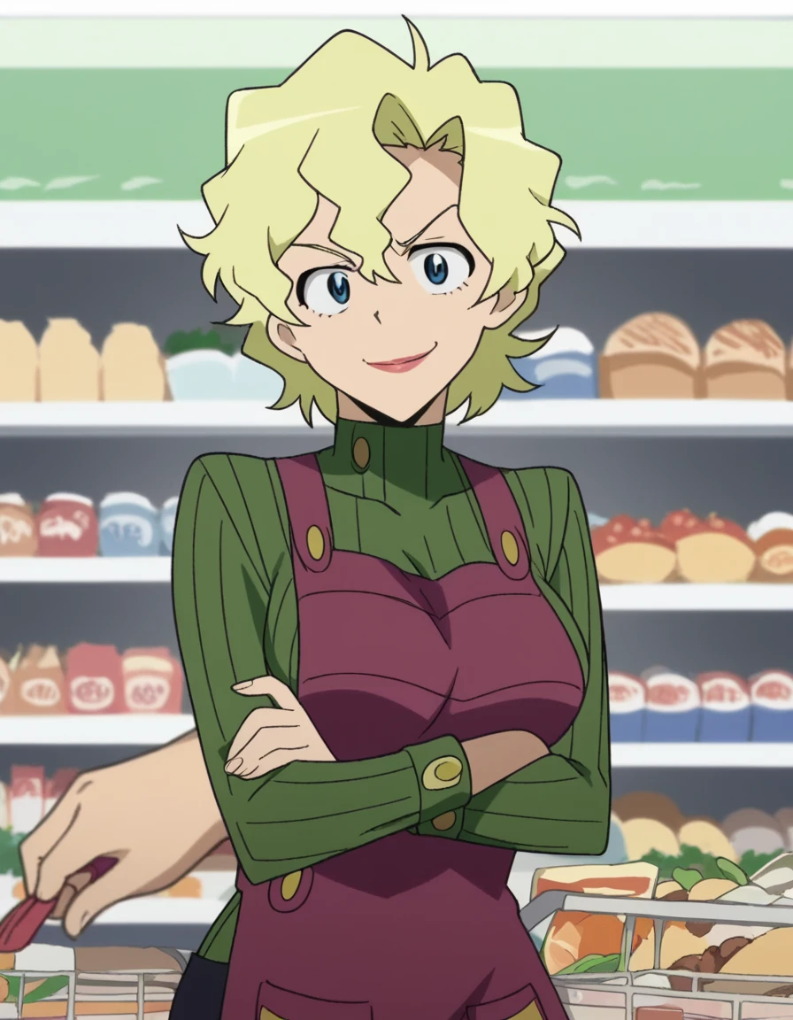 score_9, score_8_up, score_7_up, source_anime, <lora:kiyoh-littner-s1-ponyxl-lora-nochekaiser:1>, kiyoh littner, short hair, blue eyes, blonde hair, lipstick, large breasts, anime screencap, ribbed sweater, apron, green sweater, purple apron,, grocery store, shopping cart, picking fruits, everyday life, smile, crossed arms, smug, looking at viewer, solo,, cowboy shot, solo