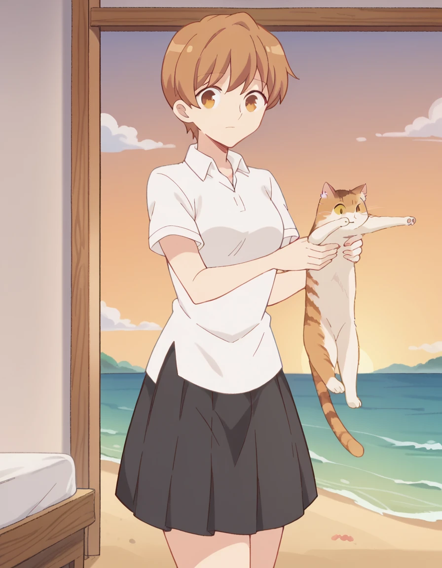 score_9, score_8_up, score_7_up, source_anime, <lora:taiga-fujimura-emiyachi-ponyxl-lora-nochekaiser:1>, taiga fujimura, short hair, brown hair, brown eyes, mature female, medium breasts, anime screencap, skirt, white shirt, short sleeves, pleated skirt, collared shirt, black skirt,, beach, sunset, walking along shore, footprints in sand, waves, peaceful, , <lora:longcat-ponyxl-lora-nochekaiser:1> longcat, longcat (meme), armpit carry, meme, holding cat, holding animal, cat, animal, bed room, looking down,, cowboy shot,, looking at viewer, solo,, cowboy shot, solo