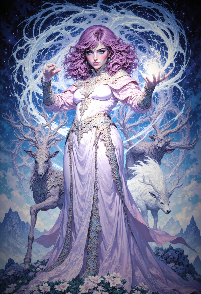 fantasy_art, 1girl, magic user, sexy woman casting a wind spell, pastel \(artwork\), action pose, animal companion, deer <lora:Colorful_Fantasy_Art_for_FLUX-000013:1>