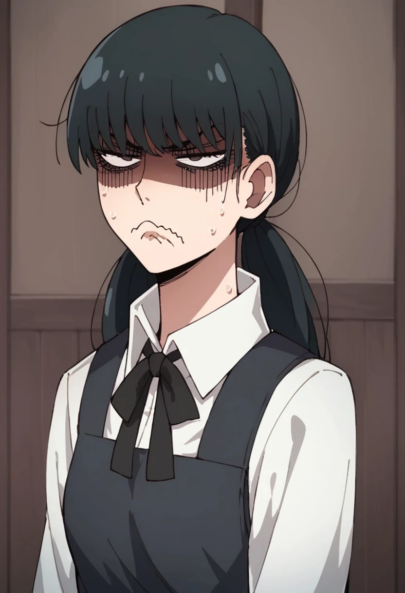score_9, score_8_up, score_7_up, 1 girl, Yorbutthurtface, angry, annoyed, expressive, exxagerated exxpresion, frown, shaded face, wavy mouth, sweating profusuely, mitaka asa, long hair, low twintails, school uniform, black dress, pinafore dress, sleeveless dress, white shirt, black ribbon, neck ribbon, long sleeves