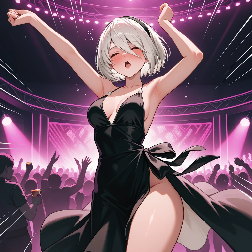 solo, 1girl, eyes closed, N1ghtrav3, crowd, nightclub, dancing, action lines, drunk, cocktail dress, <lora:Nightclub_-_IL:0.8> 2b_(nier:automata) , masterpiece, best quality, good quality, newest