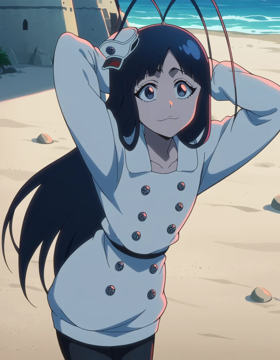 score_9, score_8_up, score_7_up, source_anime, <lora:giselle-gewelle-tybw-ponyxl-lora-nochekaiser:1>, giselle gewelle, long hair, bangs, black hair, blue eyes, antenna hair, otoko no ko, anime screencap, long sleeves, dress, white dress, buttons, black pantyhose,, beach, sand castle, swimsuit, summer vacation, ocean wave, hands behind head, smile, hands behind back, bent over,, looking at viewer, solo,, cowboy shot, solo