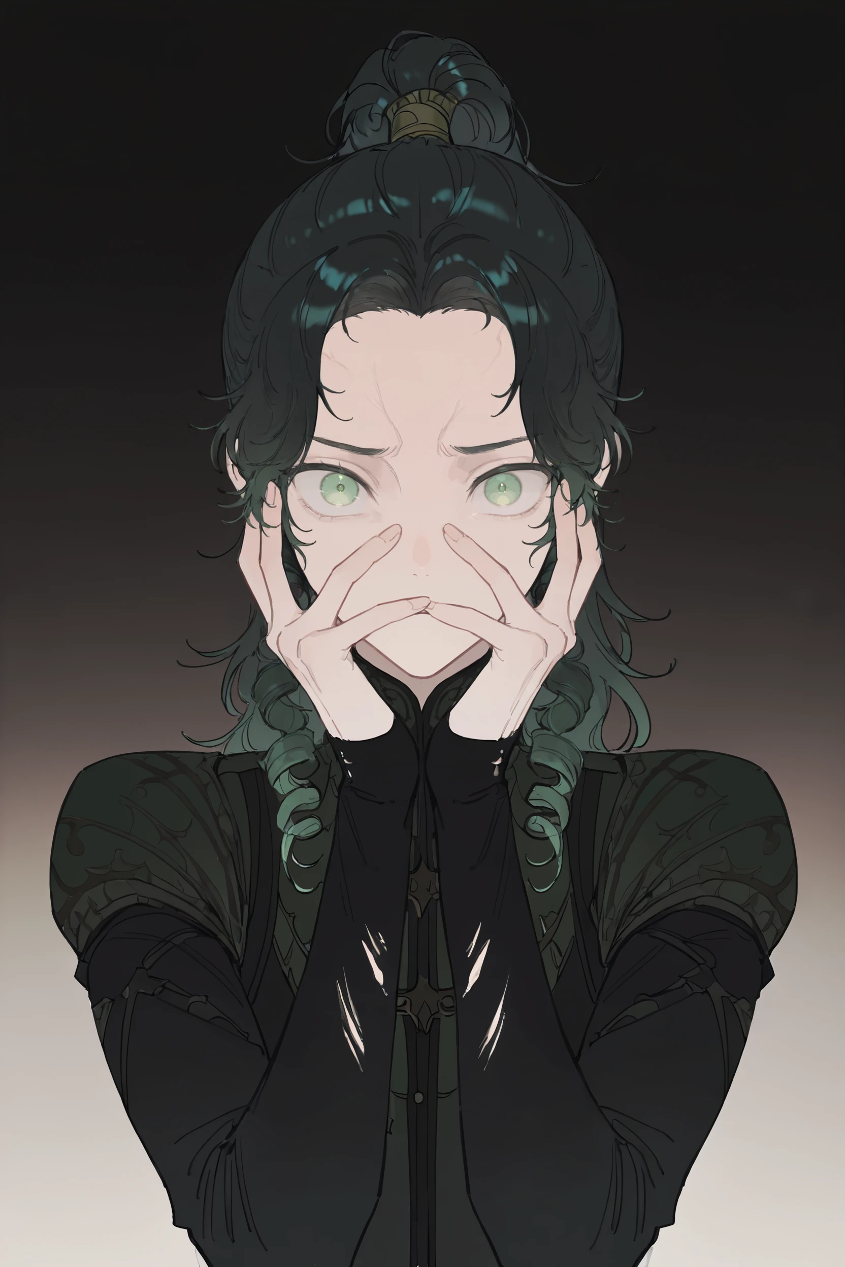 masterpiece, best quality, newest, absurdres, highres, 1boy, solo, bishounen,
<lora:MeiYaoLanIllustriousV1:1> meiyaolan, green eyes, black hair, long hair, twin drills, drill bangs, curly hair, ponytail, forehead,
<lora:mon_monmon2133:0.8>
black clothes, torn clothes,
looking at viewer, hands over face, constricted pupils, portrait,
simple background, gradient background, dark background,