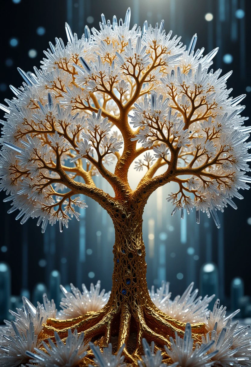 The image is a high-resolution CGI rendering of an ethereal, fantastical scene. It features a majestic tree with a gnarled, golden trunk and branches adorned with delicate, crystalline leaves and branches. The tree's foliage is made up of numerous clear, faceted crystals, giving it a shimmering, almost otherworldly appearance.