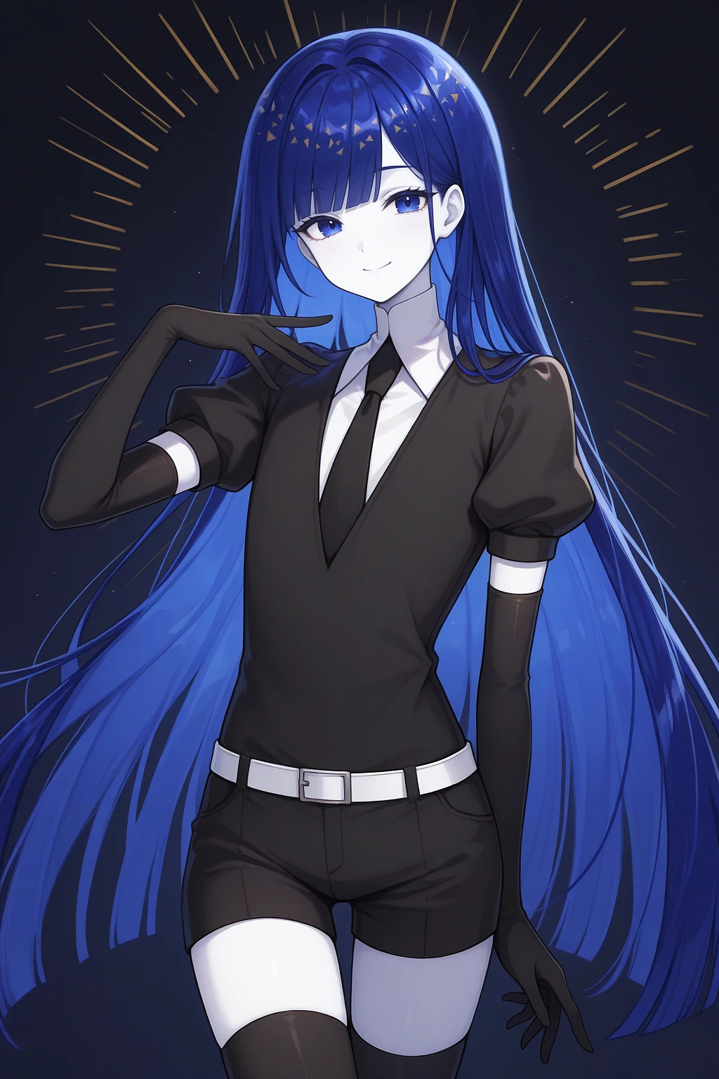 masterpiece, best quality, looking at viewer, smile, 1other, l4p1s, colored skin, white skin, colored eyelashes, blue hair, crystal hair, asymmetrical bangs, blunt bangs, very long hair, straight hair, blue eyes, black shirt, puffy short sleeves, wing collar, black necktie, white belt, black shorts, elbow gloves, black gloves, black thighhighs, pose, abstract background, dark background, <lora:Hoseki_LandOfTheLustrous_LapisLazuli_IllustriousXL_v1:1>