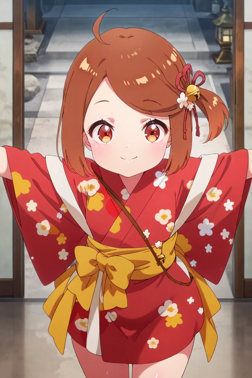 masterpiece, best quality, solo, curvy, beautiful eyes, zzChiyo, brown eyes, ahoge, brown hair, hair bell, hair flower, hair ornament, hair ribbon, one side up, short hair, side ponytail, japanese clothes, kimono, flower, red kimono, floral print, bell, jingle bell, swept bangs, print kimono, <lora:Chiyo_PrimaDoll_IXL:1.0>, dynamic pose, cowboy shot, smile, looking at viewer, shiny skin,