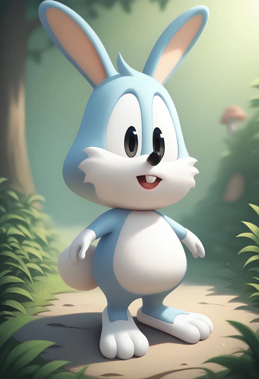 score_9, score_8_up, score_7_up, (best quality:1.1), ultra-detailed, high resolution, 8k, Pocky the rabbit, rabbit, gray-blue skin, black pupils, bunny ears, buck teeth, white gloves, animal, short, woodlands, mushroom hill, forest, BREAK outside, Rich, Detailed background, ambient light