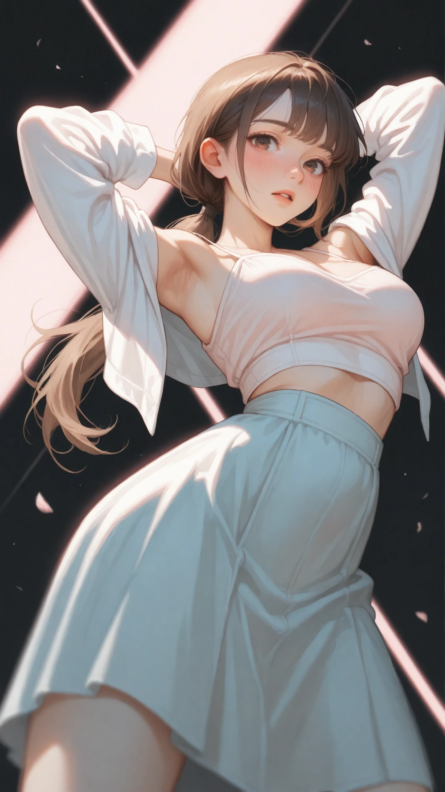anicomeij art style overlay, anicomeij character design overlay <lora:anicomeij-IL:1>,
2d, 1girl,milf,brown hair,long hair, low ponytail,brown eyes,parted lips, blush,standing,confident pose,hands behind head,armpits,spread legs, crop top,bare midriff,highwaist skirt,permissive,one side off the shoulder,spaghetti straps,
available light,soft background light,dimmed light, night, pastel colors,black ink,
background blurred, black background, pastel brackground details, leading lines, depth of field, focused subject, dynamic angle,high angle,side view,from below, looking to viewer,face focus, dynamic motion,
masterpiece,best quality,amazing quality,very aesthetic,absurdres,newest,detailed eyes