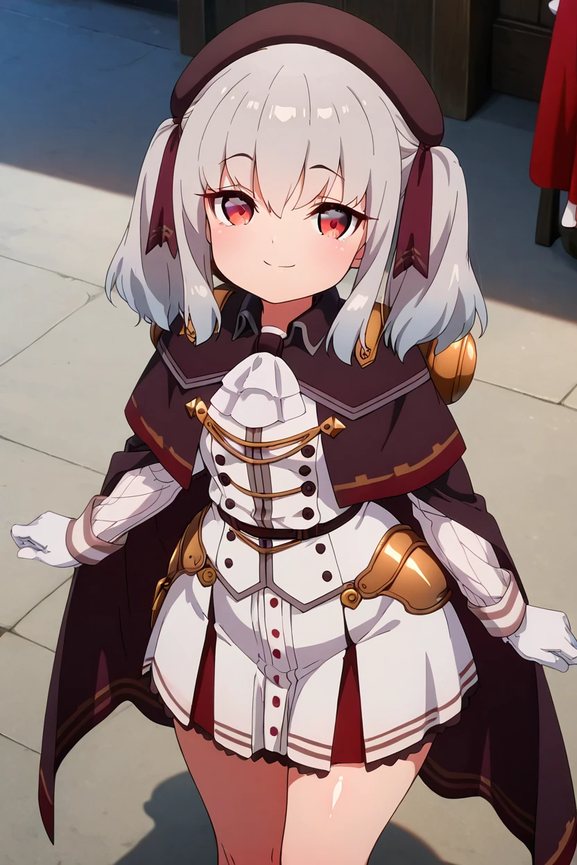 masterpiece, best quality, solo, curvy, beautiful eyes, zzRetzel, red eyes, grey hair, hair ribbon, long hair, medium hair, two side up, hair between eyes, twintails, beret, ribbon, black headwear, ascot, white gloves, shirt, <lora:Retzel_PrimaDoll_IXL:1.0>, from above, dynamic pose, cowboy shot, smile, looking at viewer, shiny skin,