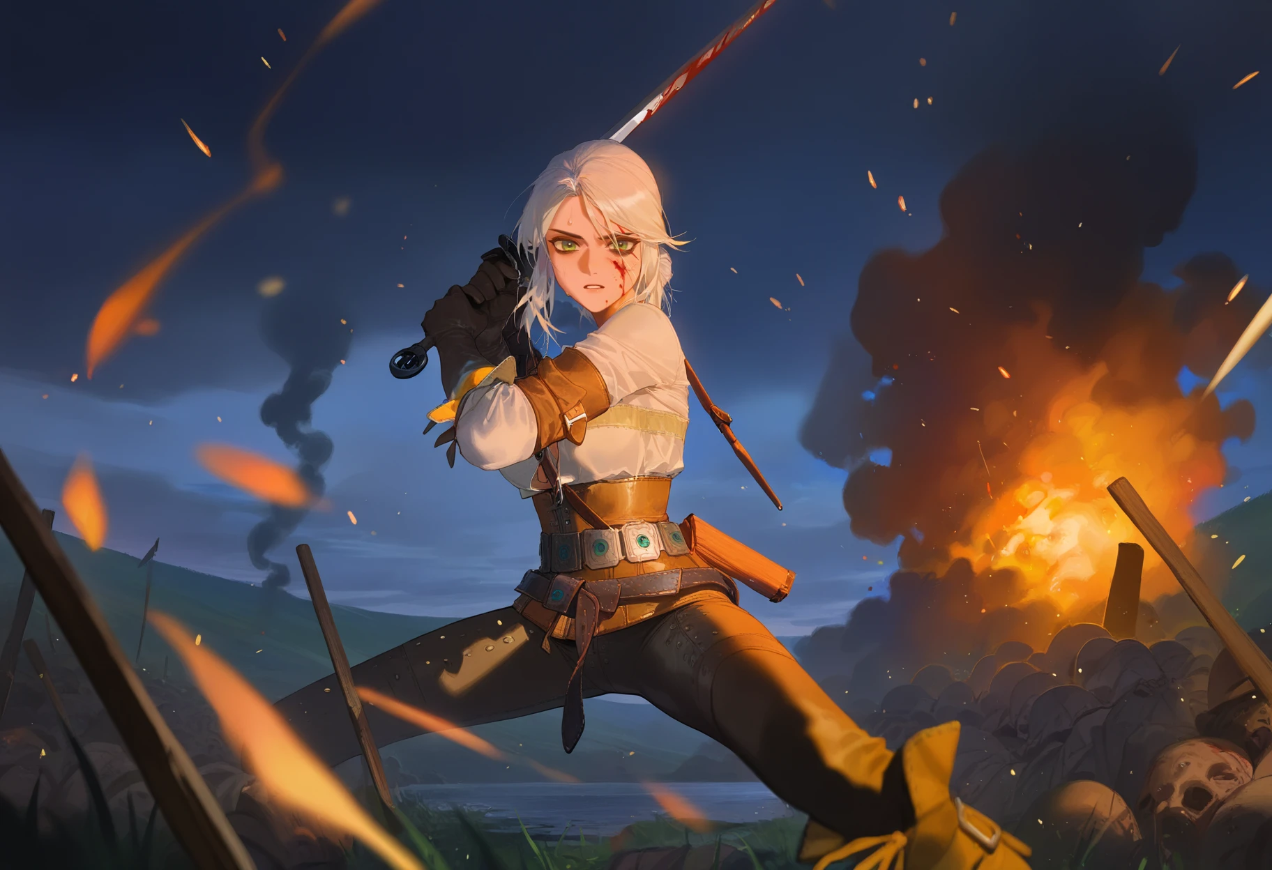 artist:ciloranko,artist:modare,artist:diyokama, best quality, amazing quality, very aesthetic, absurdres, best quality, masterpiece, newest,
1girl, ciri, white hair, green eyes, 
scar across eye,
belt, leather gloves, leather pants, white shirt,
holding sword,
fighting stance, blood on face, blood on weapon, sweat,
blood splatter, incoming attack, looking at viewer, dark theme, foreshortening, motion blur, grasslands, battlefield, smoke, pile of corpses, fireball, catapult, raining, water, cloudy sky, embers, night, fighting  <lora:CiriNoobXL_byKonan:1>