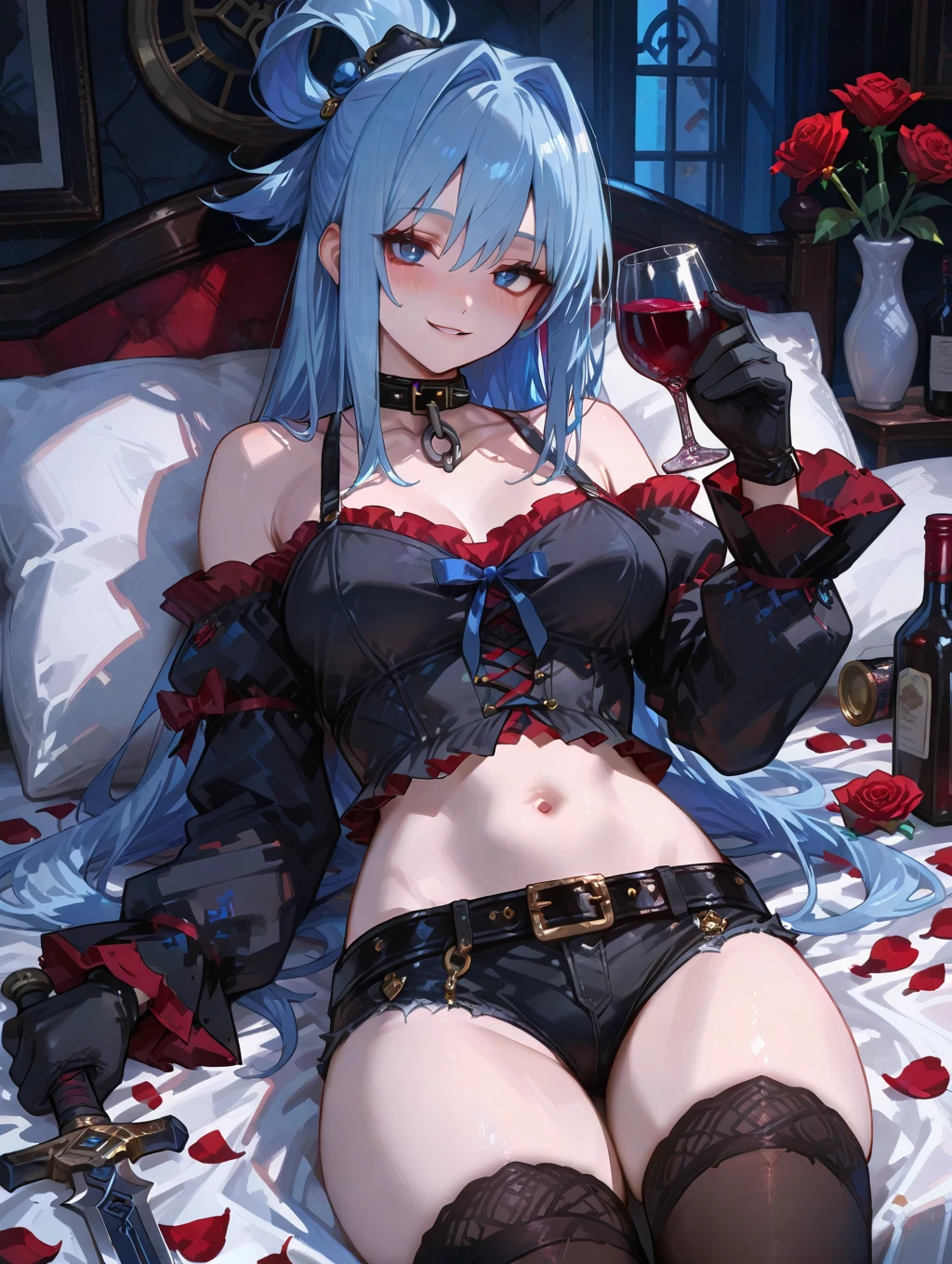 Ganyu, genshin impact, 1girl, alcohol, alternate costume, armlet, bare shoulders, black background, black dress, black gloves, black thighhighs, breasts, cleavage, criss-cross halter, cup, dress, drinking glass, flower, gloves, gradient background, hair between eyes, horn, halterneck, holding, holding cup, medium breasts, long hair, looking at viewer, blue hair, see-through gloves, solo, thighhighs, thighs, very long hair, wine, wine glass, ((masterpiece)) blue pelated skirt, sitting,