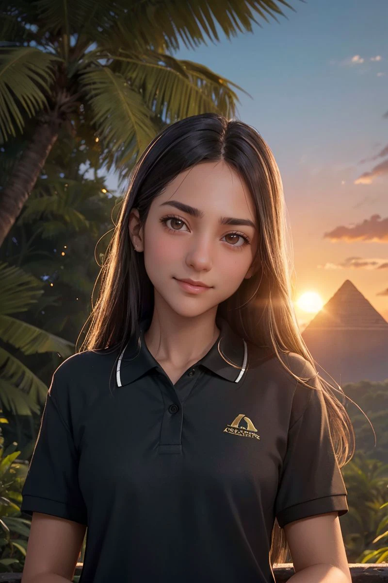 photo of S647_CiraNerri,a beautiful woman,in front of a (jungle pyramid),wearing a (polo shirt),(leggings),(sunset),(RAW photo, best quality, 50mm, depth of field, ultra high res, intricate, photorealistic, cinematic-shot, masterpiece, ultra-detailed),