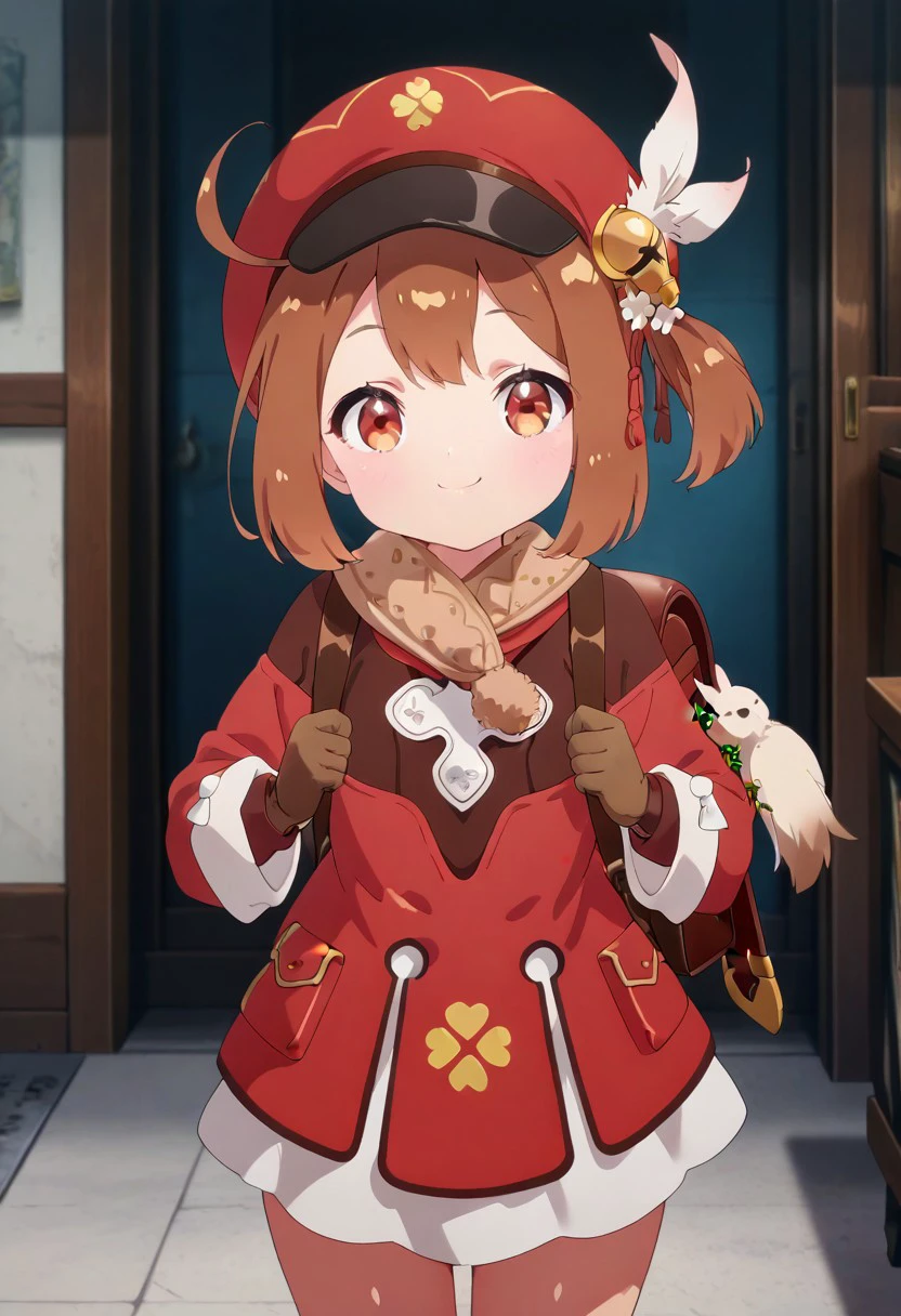 masterpiece, best quality, solo, curvy, beautiful eyes, 
zzChiyo, brown eyes, ahoge, brown hair, hair bell, hair flower, hair ornament, hair ribbon, one side up, short hair, side ponytail,
gloves, long sleeves, hat, bag, scarf, coat, backpack, red headwear, hat ornament, pocket, cabbie hat, randoseru, hat feather, red coat, brown scarf, bag charm, clover print,
 dynamic pose, cowboy shot, smile, looking at viewer, shiny skin,