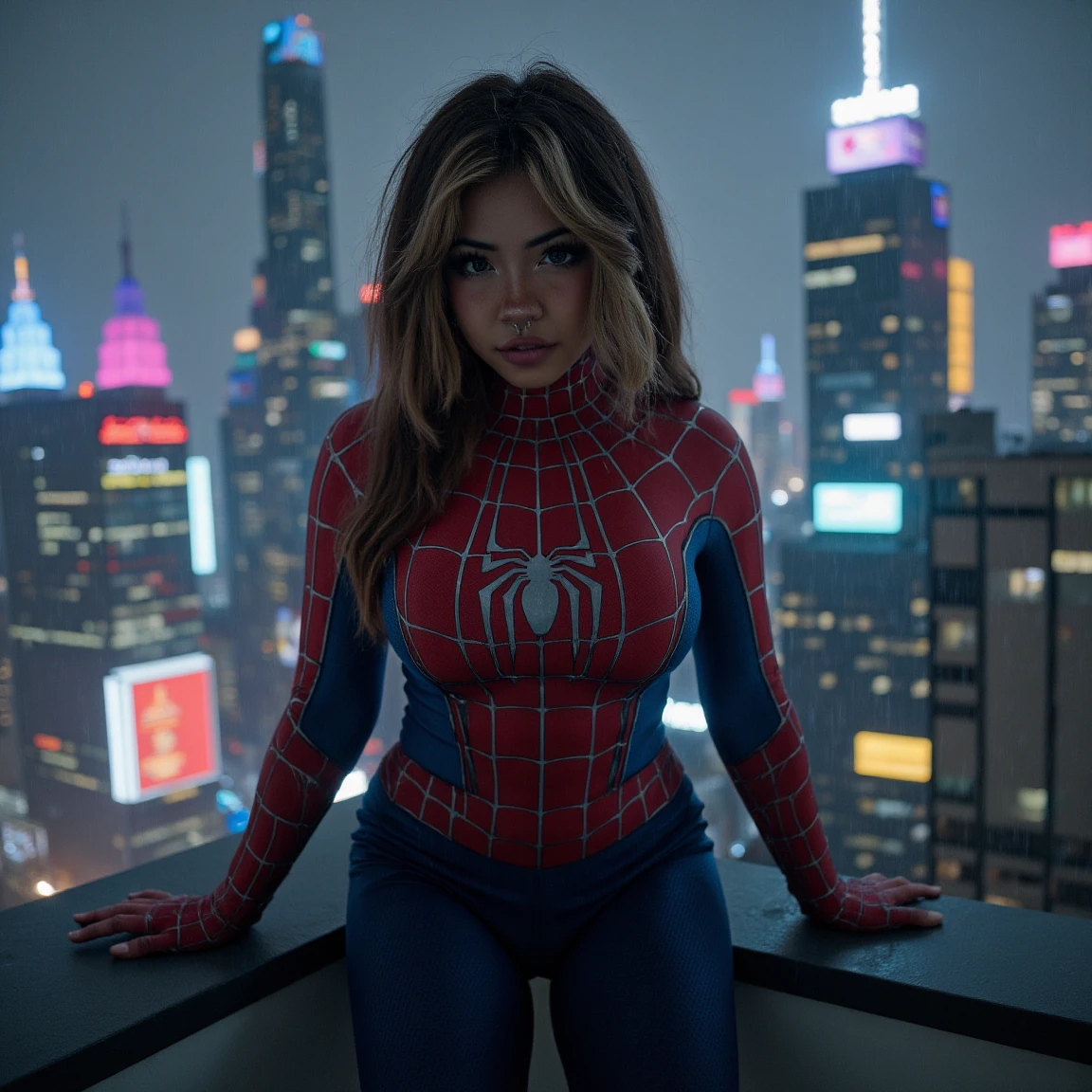 (A cinematic shot of <lora:Angelicat:1> a young woman with a light to medium skin tone. a stunning female model, wavy hair, makeup and mascara. She is dressed in a detailed Spider-Man costume, featuring intricate web patterns. The costume is a tight, full-body jumpsuit that accentuates her curvy physique, highlighting her medium-sized breasts and hourglass figure. She is standing on the roof of a skyscraper, behind her is a futuristic cyberpunk city. Neon lights are everywhere, it is raining and at night. Looking at the viewer)