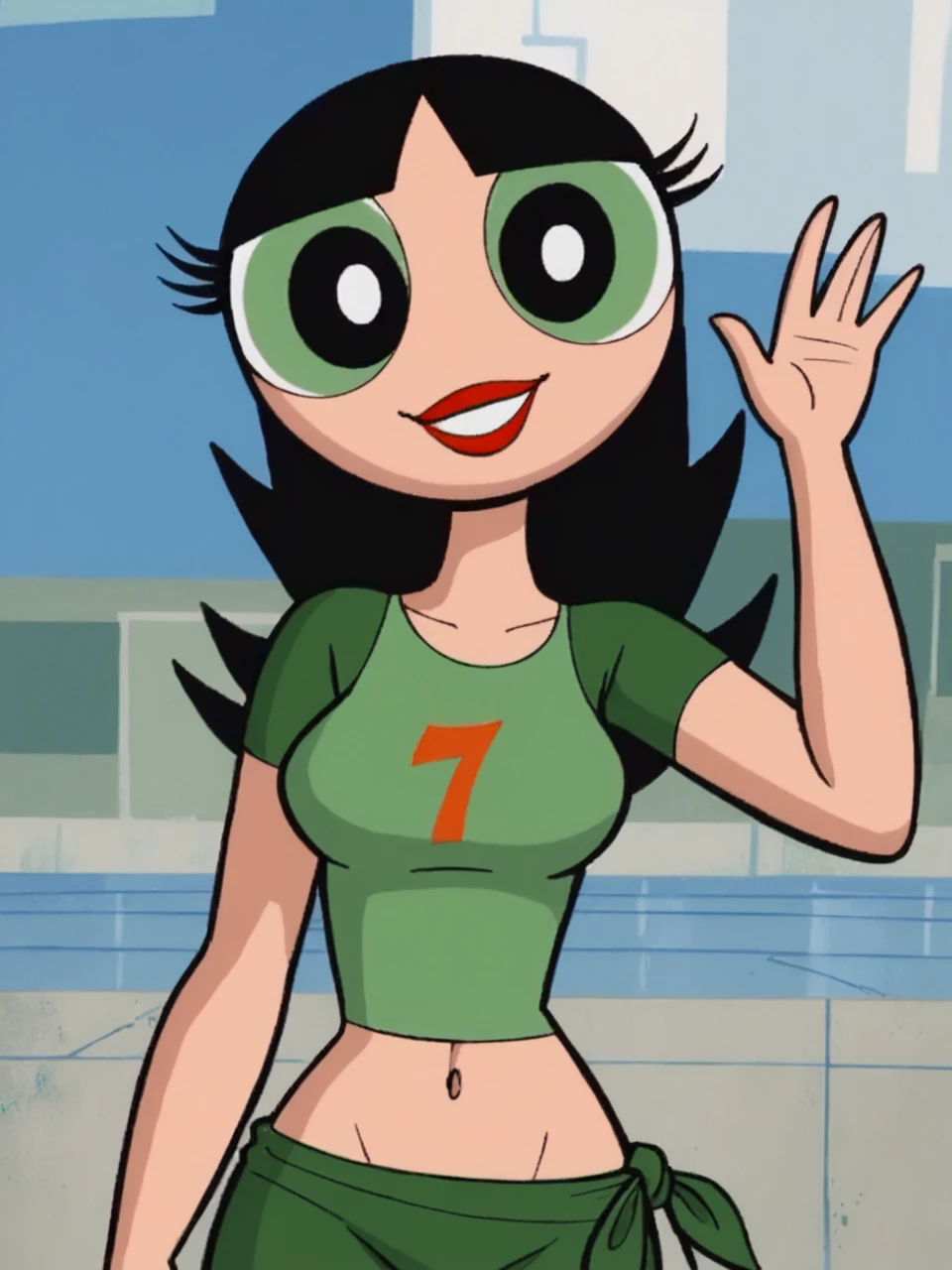 score_9, score_8_up, score_7_up, score_6_up, BREAK, t33nb8tt3rc8p, 1girl, solo, black hair, long hair, navel, midriff, green shirt, red lipstick, smile, upper body, raise left arm, day, outdoor, waving, looking at viewer, <lora:Buttercup:1>