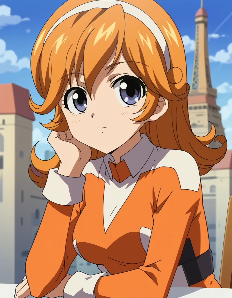 score_9, score_8_up, score_7_up, source_anime, <lora:ruu-riruri-s1-ponyxl-lora-nochekaiser:1>, ruu riruri, brown hair, puprle eyes, hairband, orange hair, curly hair, medium breasts, anime screencap, bodysuit, orange bodysuit, belt, tower, tall, height, view, structure, , sitting, elbow rest, table,, looking at viewer, solo,, cowboy shot, solo