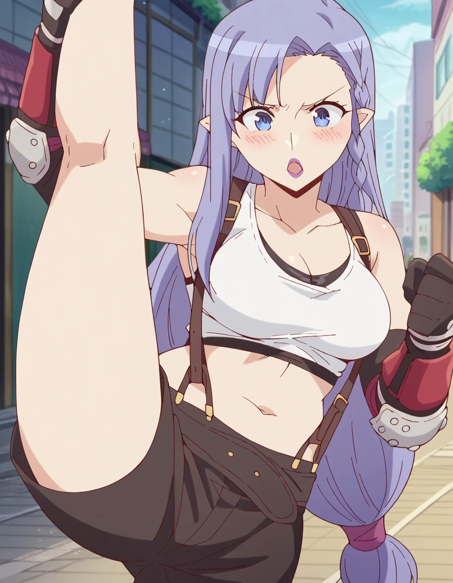 score_9, score_8_up, score_7_up, source_anime, <lora:medea-emiyachi-ponyxl-lora-nochekaiser:1>, medea, long hair, blue eyes, blue hair, purple eyes, purple hair, braid, pointy ears, makeup, lipstick, side braid, purple lips, mature female, medium breasts, anime screencap, <lora:tifa-lockhart-cosplay-ponyxl-lora-nochekaiser:1>, tifalockhartcosplay, tifa lockhart (cosplay), suspender skirt, suspenders, navel, midriff, white tank top, cleavage, elbow pads, crop top, tank top, shorts, short shorts, collarbone, gloves, elbow gloves,, cityscape, street, blush, open mouth, fighting stance, leg lift, leg up, , cowboy shot, solo