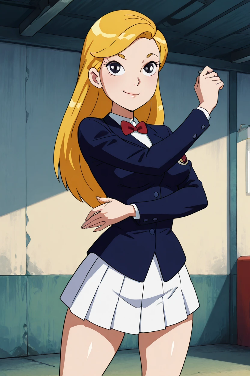 masterpiece, best quality, solo, curvy, beautiful eyes, zzMinerva, skirt, long sleeves, bow, school uniform, standing, jacket, pleated skirt, socks, bowtie, black eyes, blazer, <lora:MinervaTransformersIXL:1.0>, dynamic pose, cowboy shot, smile, looking at viewer, shiny skin,<lora:TTitansStyleIXL:1.0>,