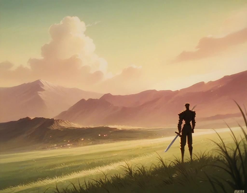 score_9, score_8_up, score_7_up, score_6_up, score_5_up, score_4_up, 90s, Anime screencap, retro_artstyle, retro, masterpiece, cowboy shot,
guts_\(berserk\), guts, armor, sword, 
grassy field, yellow theme,
cyberpunk, highres, cyberpunk city background,
<lora:add-detail-xl:1> <lora:clean90sanime_pony11:0.8>