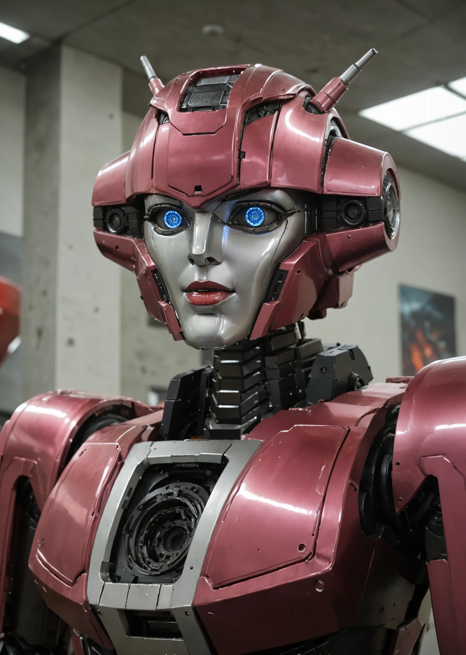 full_details,, Elita One, 1girl, solo, pink female robot, seductive pose, detailed metal face, blue eyes, red lips, upper body, metal breasts, no human, (2d:1.2), masterpiece retrostyle sci-fi, transformers, anime, digital painting, high quality, (intricate details:1.1), sharp focus<lora:lora\Add_more_details_V2_XLpony.safetensors:0.8:0.8><lora:lora\EnvyScifiStreamlineXL01.safetensors:0.8:0.8><lora:lora\Elita_One_from_Transformers.safetensors:0.8:0.8>