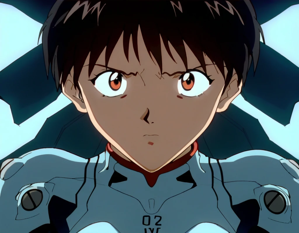 90s, Anime screencap, Evangelion, masterpiece, glowing outline, cyan background, cyan theme, neon, backlight, portrait view,
(Shinji Ikari), chest, black hair, orange eyes, glowing eyes, plugsuit, white plugsuit, 01, staring down, shocked, cockpit,
<lora:add-detail-xl:1> <lora:clean90sanime_pony11:0.8>