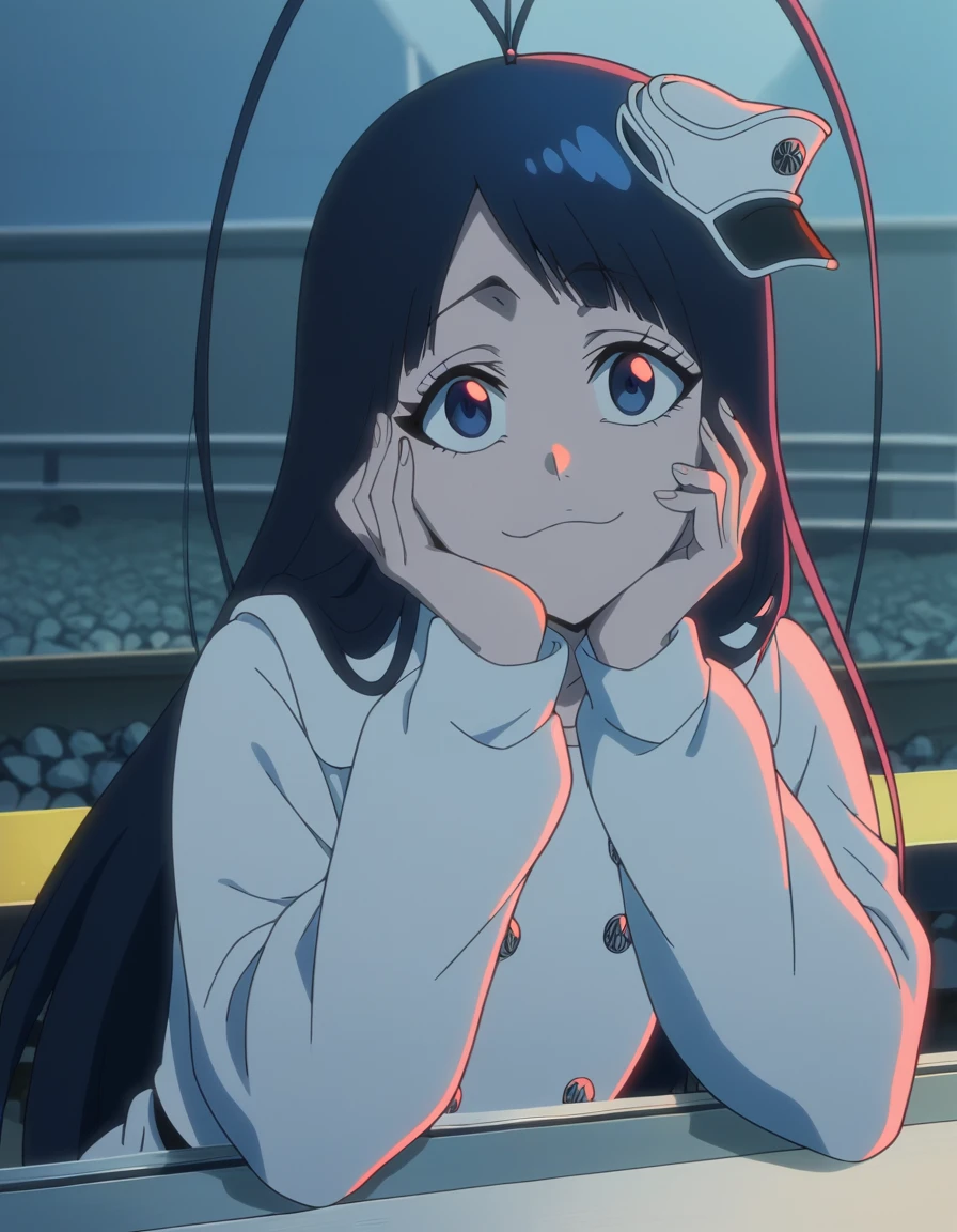 score_9, score_8_up, score_7_up, source_anime, <lora:giselle-gewelle-tybw-ponyxl-lora-nochekaiser:1>, giselle gewelle, long hair, bangs, black hair, blue eyes, antenna hair, otoko no ko, anime screencap, long sleeves, dress, white dress, buttons, black pantyhose,, railroad tracks, rails, train, journey, long, , head rest, smile,, looking at viewer, solo,, cowboy shot, solo