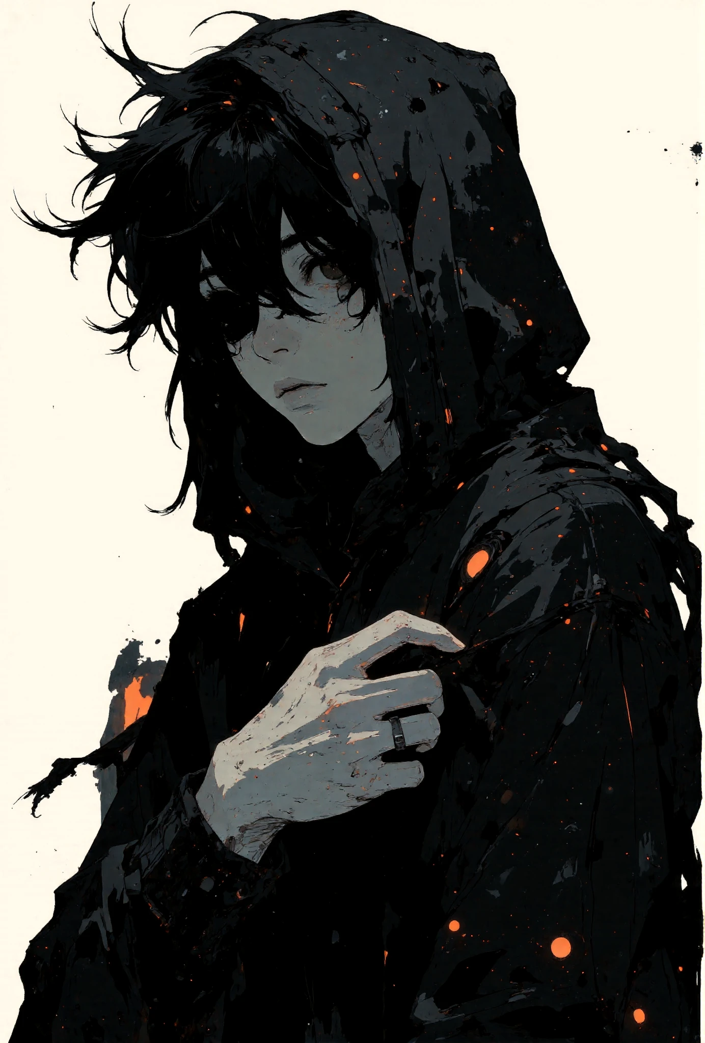 A highly detailed anime-style illustration of a mysterious man with white skin. The man has tousled, layered hair that falls naturally, and he is wearing a casual hoodie with visible folds and a clean design. One hand lightly pulls on the hoodie, adding a subtle dynamic element to the pose.
The man's face is partially obscured with deep black shadows, enhancing the mysterious and dramatic tone of the image. The background is minimalist, with a solid light color that contrasts with the intense black-and-white palette of the character. Strong lighting from the top-right highlights the folds of the hoodie and adds depth to the overall illustration, maintaining a calm yet intriguing atmosphere.
<lora:Anime v1.3:1.2> <lora:Blue_Future:0.9> <lora:Ethereal_Brush_Anime_v1.0:0.6> <lora:It's a LoRA for portraits, BUT! actually specialized in backgrounds. v1.0:0.2> <lora:Dark_and_sentimental:0.7>