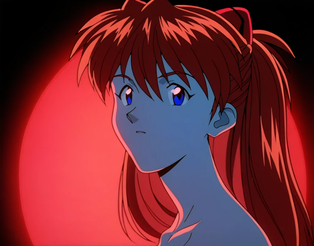 1990s, 90s, Anime screencap, masterpiece, best quality, amazing quality, very aesthetic, absurdres, newest, scenery, depth of field, shiny skin, ((asuka langley))
(limited palette:1.2), (vibrant, red glowing backlight, red neon backlight, neon hair, blacklight:1.1), looking at viewer, (side view:0.1), close-up, newest, scenery, volumetric lighting, black background,
<lora:Detailer_NoobAI_Incrs_v1:0.8> <lora:clean90sanime_illus11:0.8>