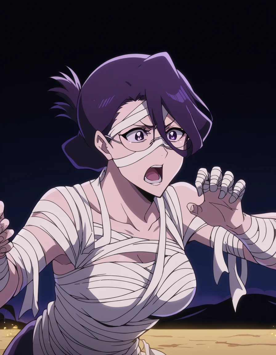 score_9, score_8_up, score_7_up, source_anime, <lora:nanao-ise-tybw-ponyxl-lora-nochekaiser:1>, nanao ise, short hair, purple eyes, black hair, glasses, folded ponytail, hair between eyes, mature female, medium breasts, anime screencap, <lora:mummy-costume-ponyxl-lora-nochekaiser:1>, mummy costume, bandages, halloween costume, bandaged arm, zombie pose, bandage on face,, desert, moon, night, open mouth, , cowboy shot, solo