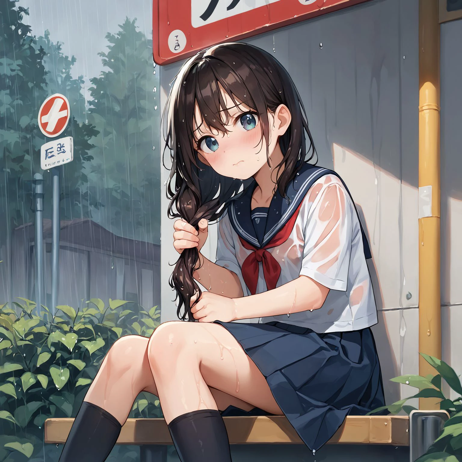 score_9, score_8_up, score_7_up
1girl, outdoors, nature, bus stop, raining, sitting, school uniform
<lora:washinghair:1> washinghair, wringing hair, medium hair, holding own hair, wet hair, wet clothes, looking at viewer, blush, embarrassed