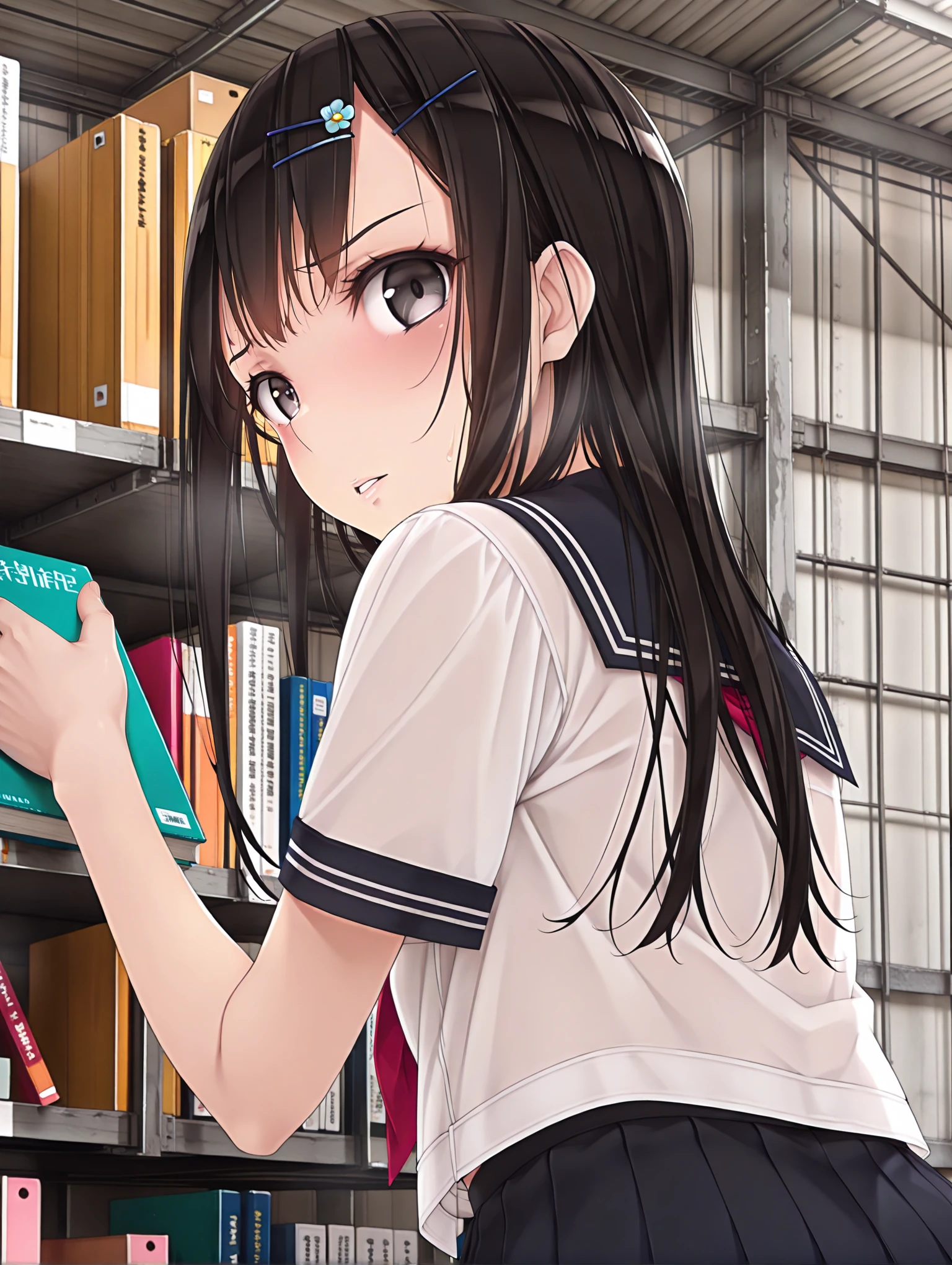 masterpiece,best quality,amazing quality,1girl,solo,
<lora:ikuta_risa_ilxl_v1>,risa,black eyes,r_clothes,
<lora:Fixhands_anime_bdsqlsz_V1:1>,book,holding,from behind,dynamic_angle,cinematic_angle,looking_at_viewer,looking_back,blush,parted lips,<lora:warehouse01_ilxl_v1.2:1>,warehouse02,