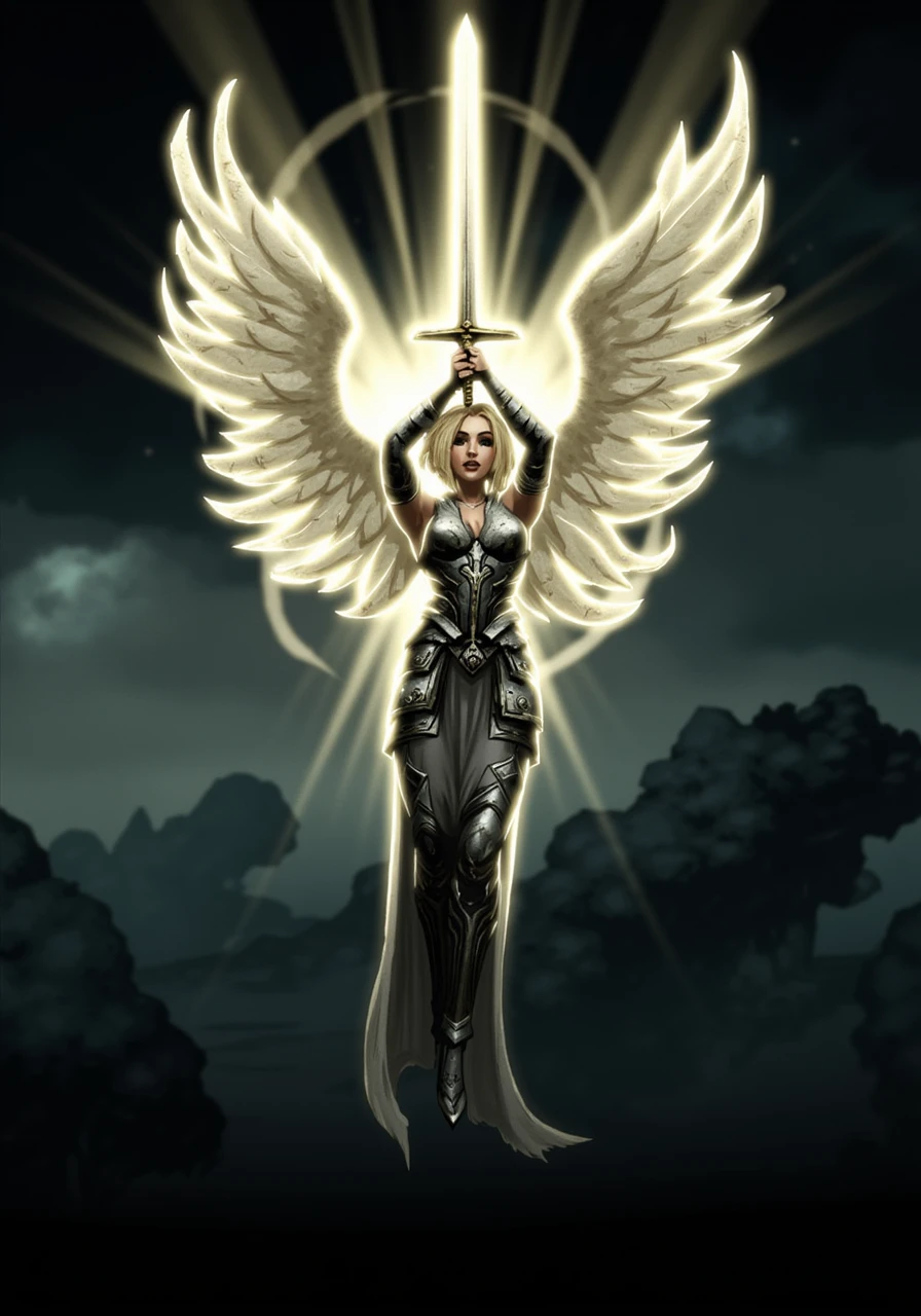 A female angel, surrounded by a radiant, righteous aura, hovers in dark, stormy skies. She is a beacon in the darkness, her presence illuminating everything around her. Her blonde hair is styled in a sleek bob cut, and her face bears an expression of reverence and divine purpose. She is clad in silver fantasy armor, adorned with intricate patterns and symbols of light. Massive, glowing wings spread wide behind her, their feathers shimmering with an otherworldly glow. In her hands, she raises a sword that shines with a blinding, righteous light, dispelling the darkness around her. Even the darkest, stormiest night cannot withstand this brilliance. In the background, storm clouds are torn apart by rays of light emanating from her. Every detail—from the texture of her armor to the glow of the sword and the intricate feathers of her wings—is rendered in hyper-realism, creating an atmosphere of hope, power, and divine grace

style_of_DS7fn0G75D