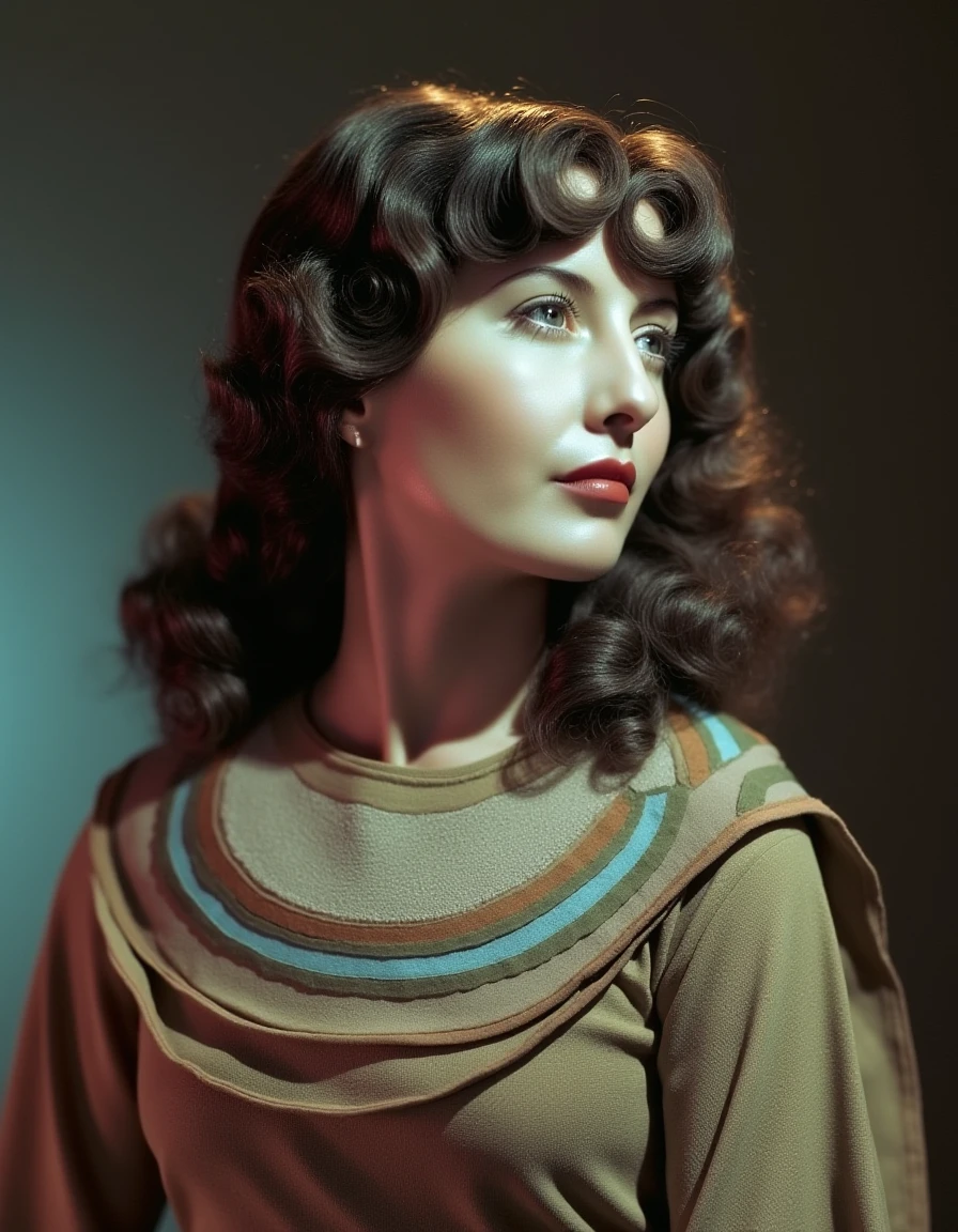 a pale woman wearing a space dress with a collar that looks like the rings of Saturn with different colored rings with elaborately curled hair <lora:barbara-stanwyck-flux:1.2>