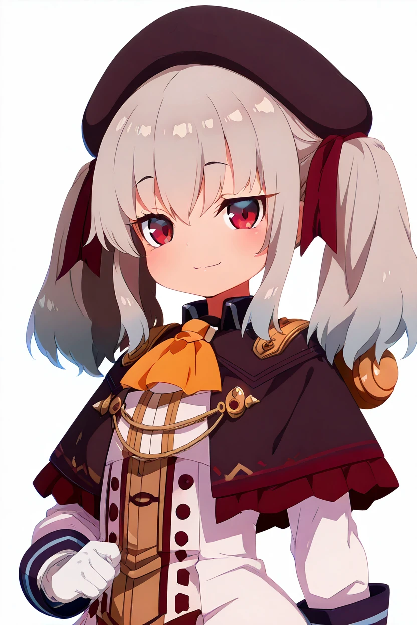 masterpiece, best quality, solo, curvy, beautiful eyes, zzRetzel, red eyes, grey hair, hair ribbon, long hair, medium hair, two side up, hair between eyes, twintails, beret, ribbon, black headwear, ascot, white gloves, shirt, <lora:Retzel_PrimaDoll_IXL:1.0>, upper body, side view, smile, looking at viewer, shiny skin,<lora:HaradaTakehitoIXL_v3:1.3>, <lora:ZankuroIXLLight_v2:0.6>,
