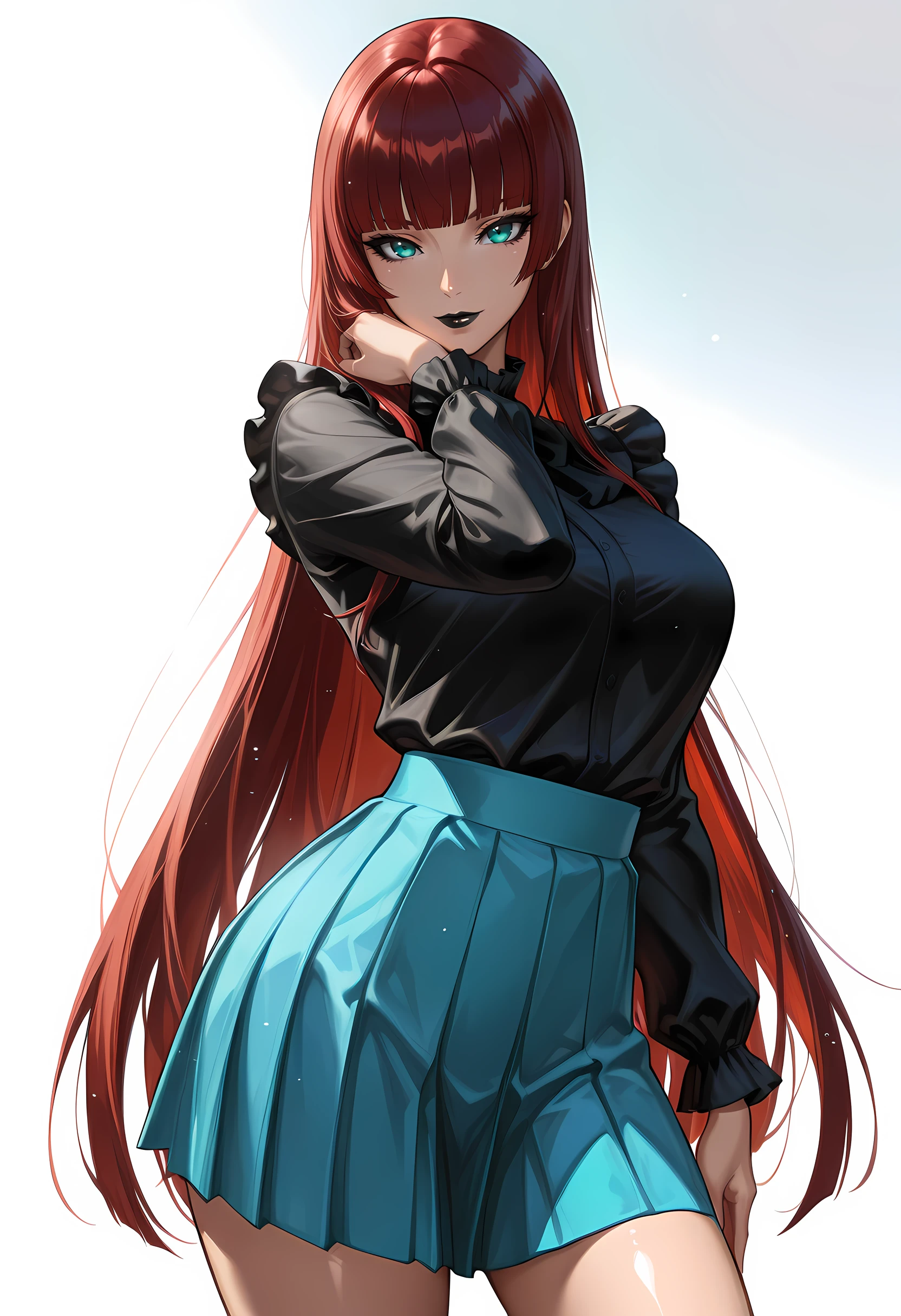 Smooth Quality - Illustrious, Masterpiece, source_anime, cowboy shot, woman, pretty, beautiful, slim, curvy, dark_red hair, very long hair, hime cut, very straight hair, blunt bangs, teal eyes, black eyeliner, lips, black lipstick, frilly black shirt, blue skirt, pose, unique pose, (white background), vivid colors, shiny and glossy, anime style, high-res, beautiful aesthetic, very intricate, high-quality details, vibrant, highly detailed, award-winning, professional,