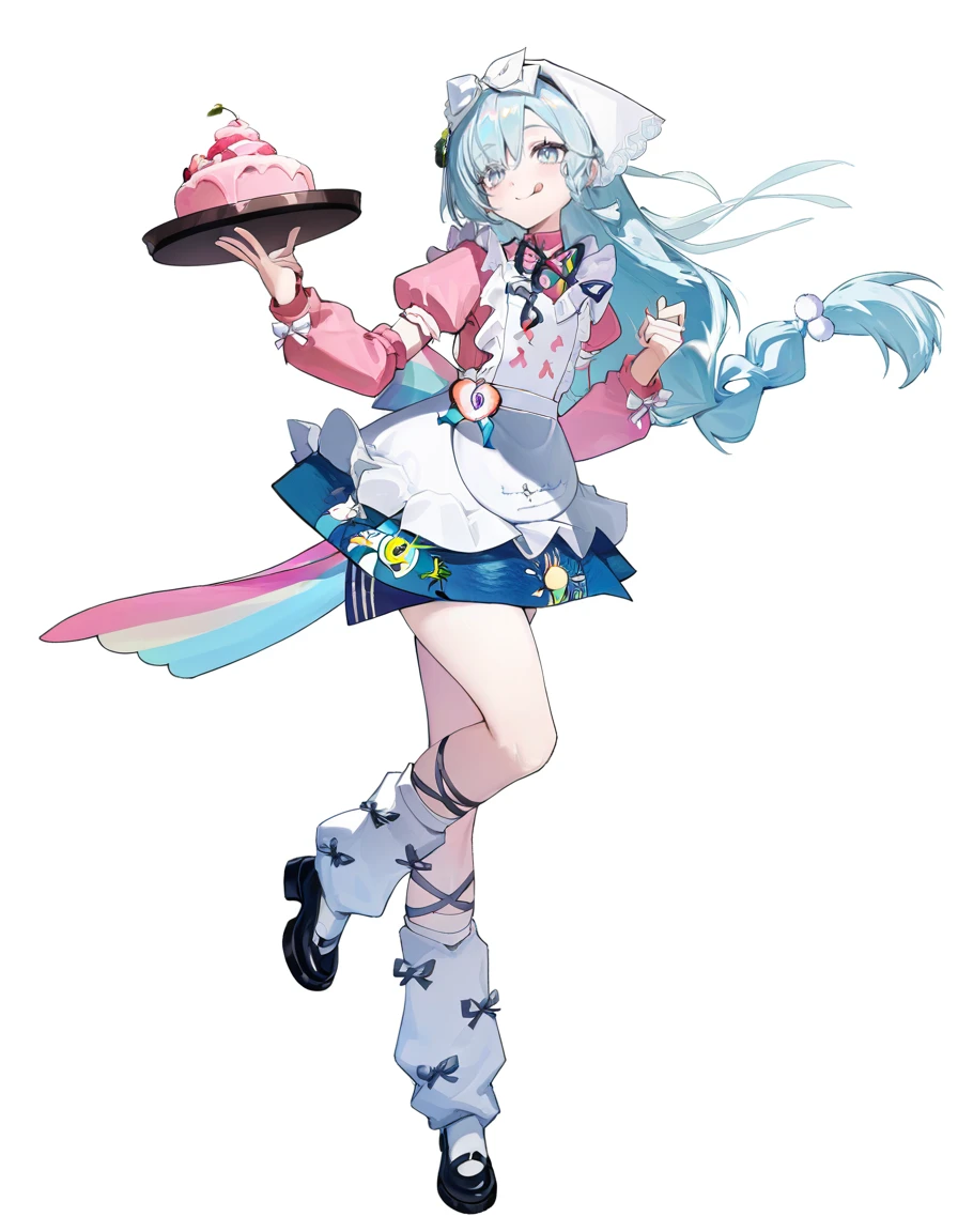 yuebai02,1girl,solo,blue hair,long hair,apron,bow,full body,braid,black footwear,white background,tongue,simple background,tongue out,white bow,puffy sleeves,pink shirt,socks,blue eyes,shoes,standing on one leg,skirt,standing,hair bow,very long hair,:q,white socks,long sleeves,white apron,
<lora:yuebai_noob:1>,masterpiece,best quality,very aesthetic,absurdres,