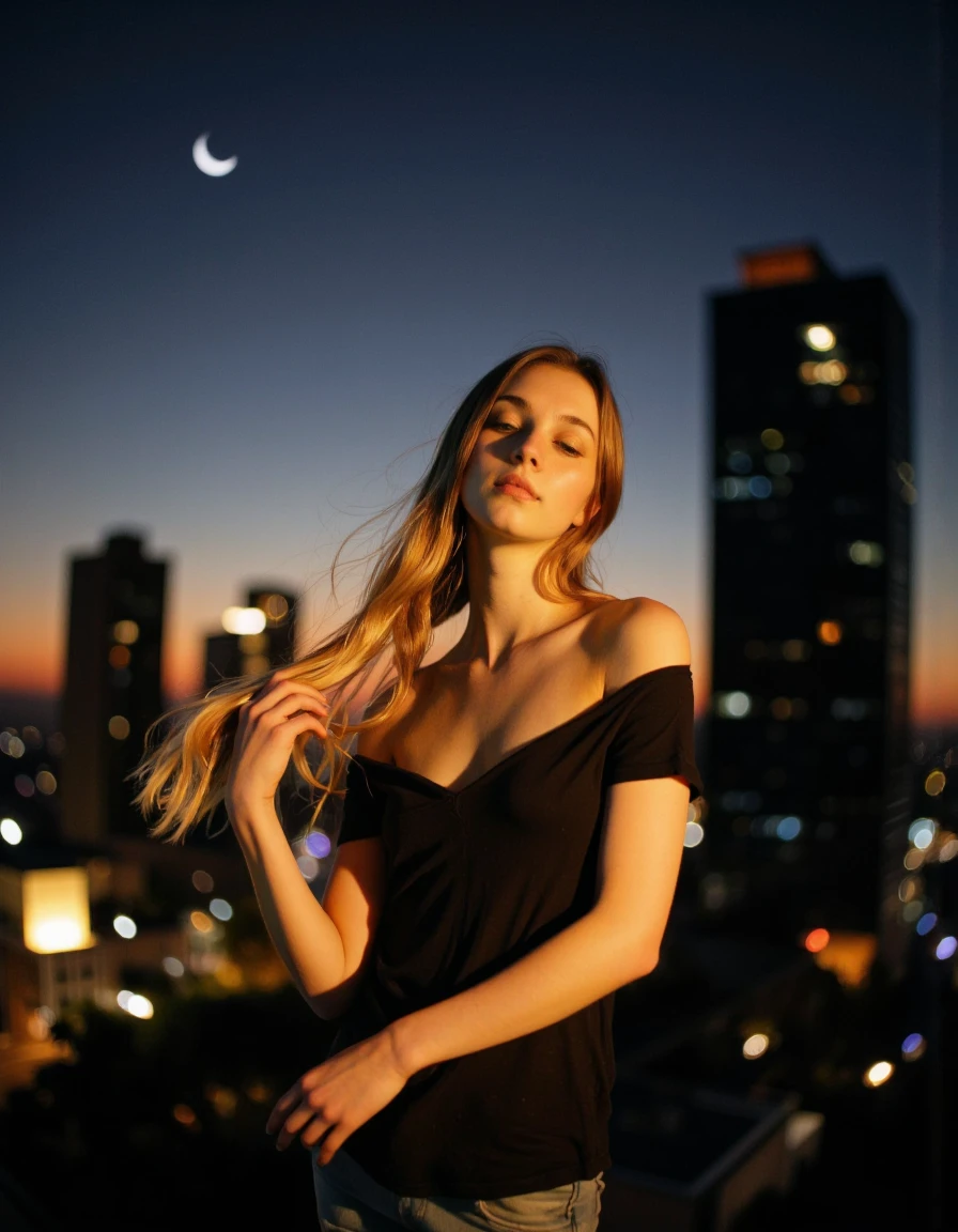 This is a photograph taken at dusk, capturing a young woman with long, flowing hair in a serene, almost ethereal pose. She is positioned slightly to the right of the frame, her head tilted slightly upward and her eyes closed, suggesting a state of calm or contemplation. Her skin is fair and she wears a dark, off-the-shoulder top that contrasts with the vibrant hues of the setting sun and the city lights in the background.
The background features a cityscape with tall, modern buildings silhouetted against a sky that fades from dark orange to darker blue as the sun sets. A crescent moon is visible in the upper left corner, adding a mystical touch to the scene. The woman's left arm is extended forward, her fingers slightly spread, as if she is interacting with music. The light of the setting sun casts a warm, golden glow on her face and hair, while the city lights create a bokeh effect of soft, colorful orbs in the distance.
The overall mood of the image is both tranquil and mysterious, blending elements of nature and city life into a harmonious composition. <lora:Synesthesia:0.45>