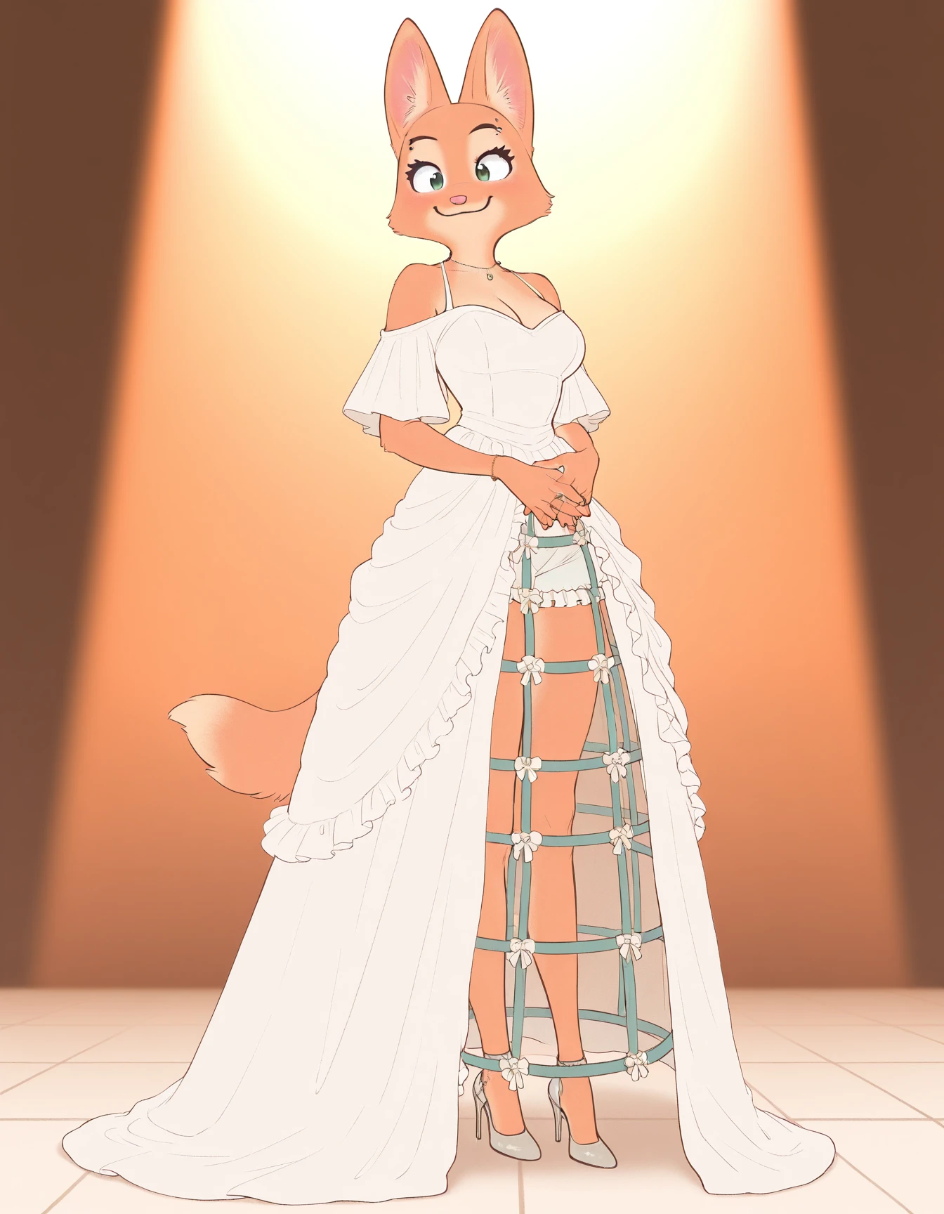 masterpiece, best quality, solo,
Diane_Foxington, ginger fur, pink nose, fox tail, <lora:cagecrinoline_IL:1>,crinoline skirt,high heels,smile,dress,white dress,long skirt,frilled shorts,pantyhose,tile floor, empty stage
<lora:Diane-Foxington-PenPen-style_il:0.9>