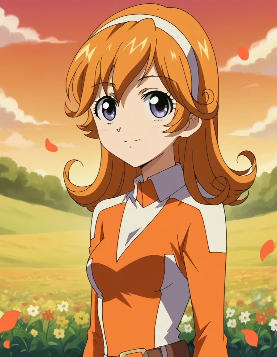 score_9, score_8_up, score_7_up, source_anime, <lora:ruu-riruri-s1-ponyxl-lora-nochekaiser:1>, ruu riruri, brown hair, puprle eyes, hairband, orange hair, curly hair, medium breasts, anime screencap, bodysuit, orange bodysuit, belt, flower field, colorful, petals, scent, bloom, smile, from side, looking at viewer, solo,, cowboy shot, solo