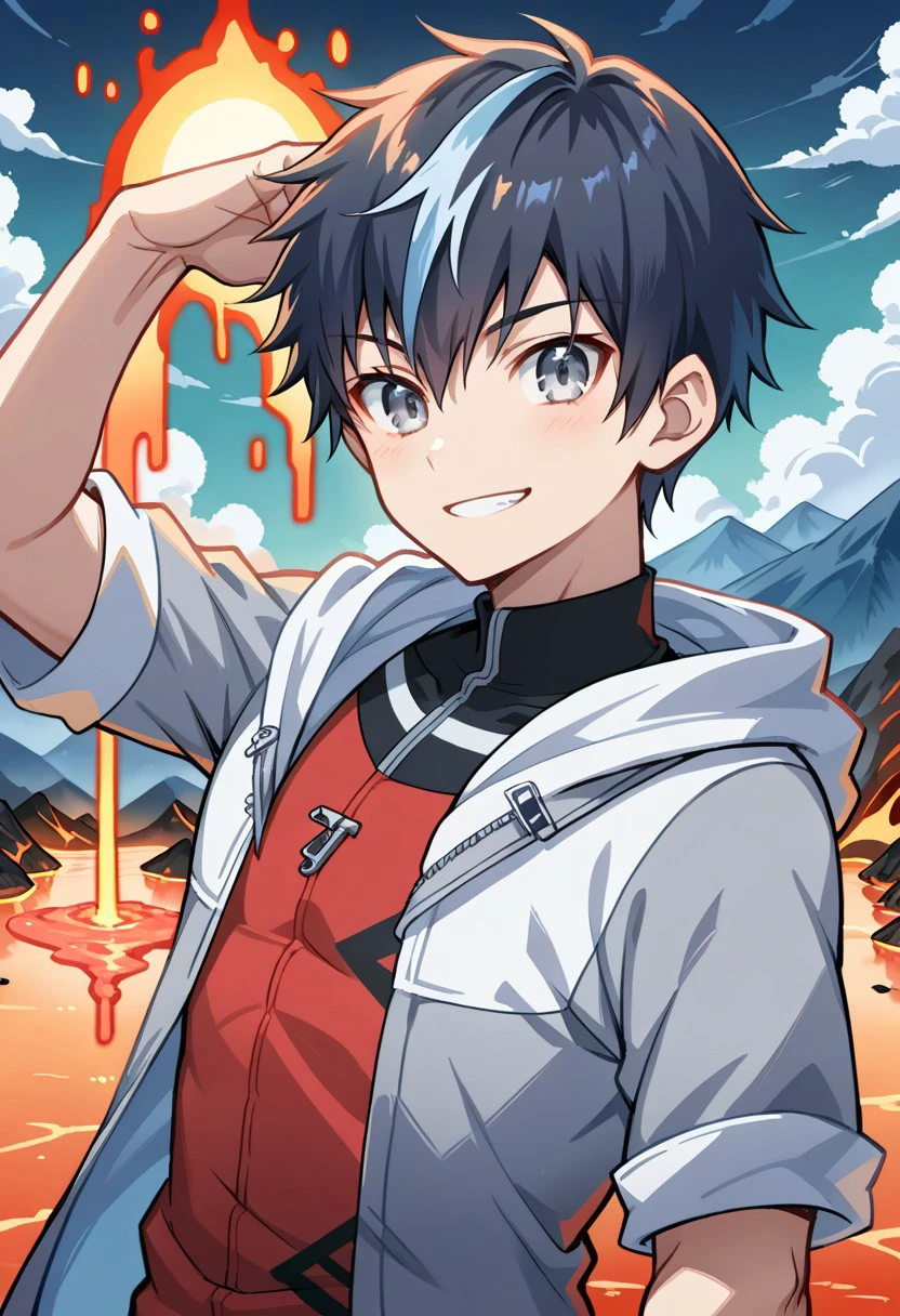 1boy, solo, score_9, score_8_up, score_7_up, source_anime, takuto_dwno, black hair, multicolored hair, gray eyes, red shirt, gray jacket, bicep flex, upper body, smile, digital volcano background, mountain, lava, looking at viewer