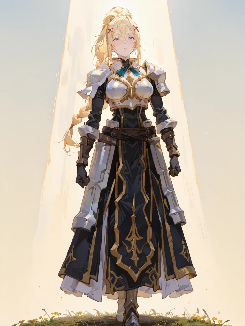 perfect quality,high quality,masterpiece,best quality,amazing quality,very aesthetic,absurdres,newest,
front view,full_shot,
DustinessCYQL,1girl,solo,blonde hair,long hair,ponytail,braid,hair between eyes,blue eyes,hair ornament,x hair ornament,armor,armored dress,shoulder armor,gloves,black gloves,breasts,dress,breastplate,
full body,standing,v,,
lightcyan background,simple background,
<lora:spo_sdxl_10ep_4k-data_lora_webui:0.5>,<lora:EtherSDXL:0.7>,EtherStyle,<lora:748cmSDXL:0.5>,748cmstyle,<lora:HG2512 by CYQL:0.8>,HG2512,<lora:lora-000004.by_tusi:1>,