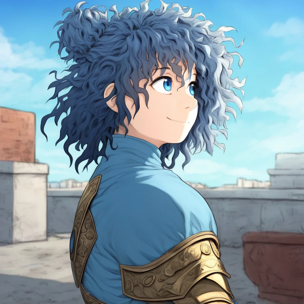 blue shirt, blue eyes, looking afar, solo, smile, messy hair, indoors, hair bun, blue sky, outdoors, jewelry, armor