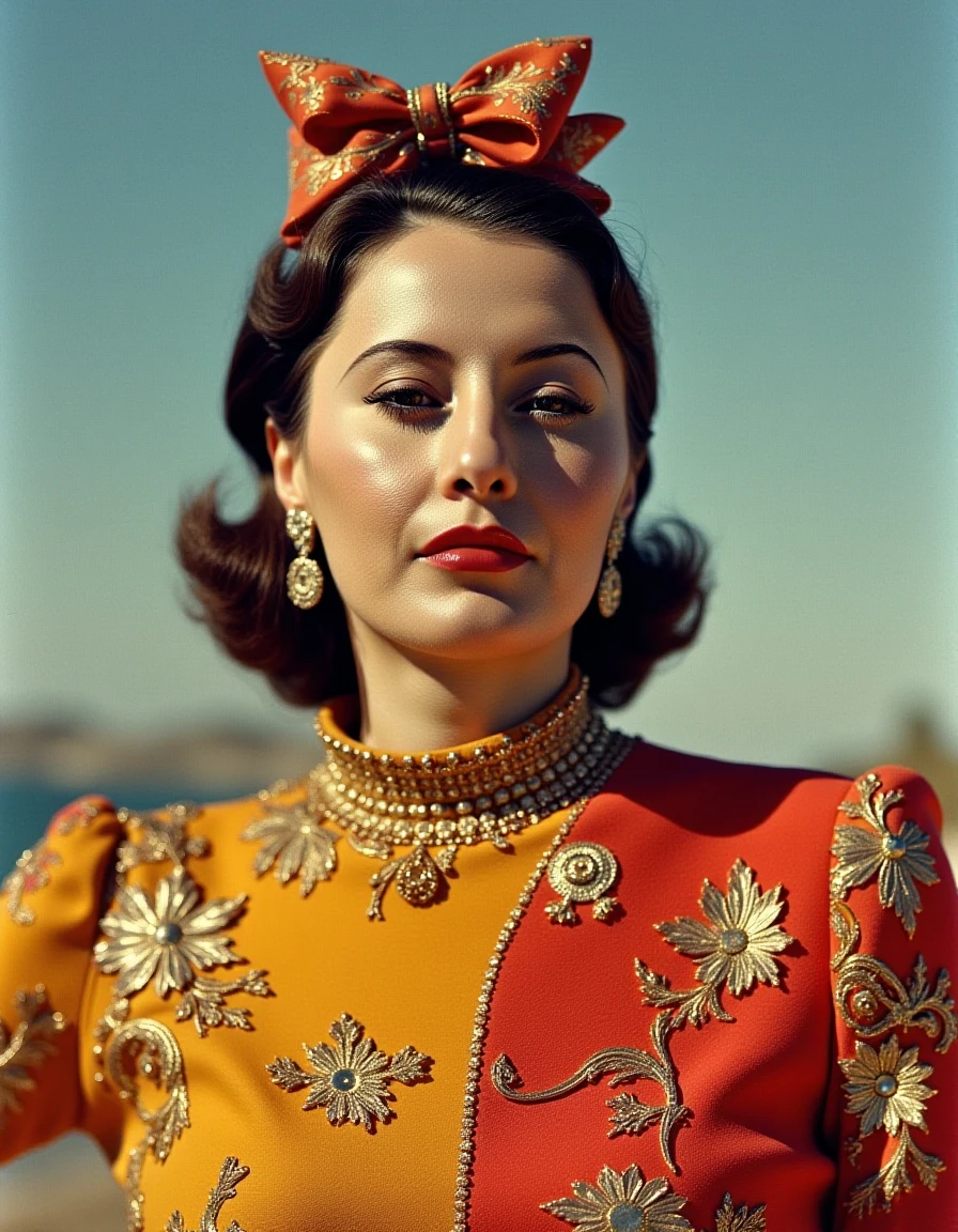 standing <lora:FLUX.1-DEV_-_Wild_1960s_Fashions_LoRA:1> 1960s, fashion shoot, extravagant, colorful outfit, beautiful model <lora:barbara-stanwyck-flux:1.2>