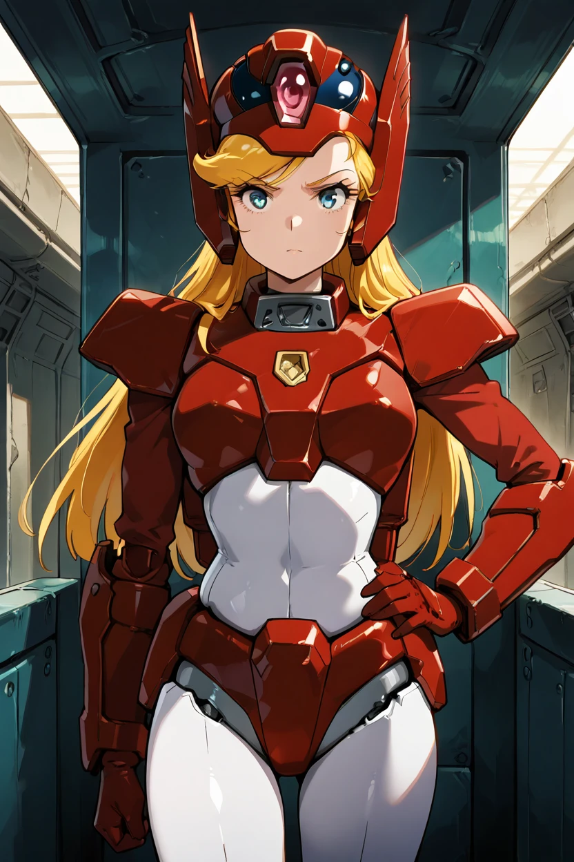 masterpiece, best quality, 1girl, solo, eyelashes, (beautiful eyes), zzMinerva, gloves, armor, helmet, robot, hand on hip, determined, <lora:MinervaTransformersIXL:1.0>,