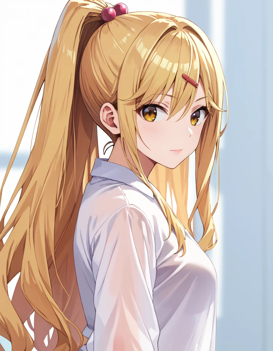 score_9, score_8_up, score_7_up, source_anime, BREAK
1girl, solo, looking at viewer, from side, blurry background, simple background, cowboy shot,
himari ishikura (kurakon), blonde hair, long hair, hair bobbles, ponytail, side swept bangs, hair between eyes, yellow eyes, red hairclip, sidelocks,
<lora:see-through-silhouette-ponyxl-lora-nochekaiser:1>, see-through silhouette, naked shirt, white shirt,
<lora:himari_ishikura-kurakon_s1-anime-soralz:1>