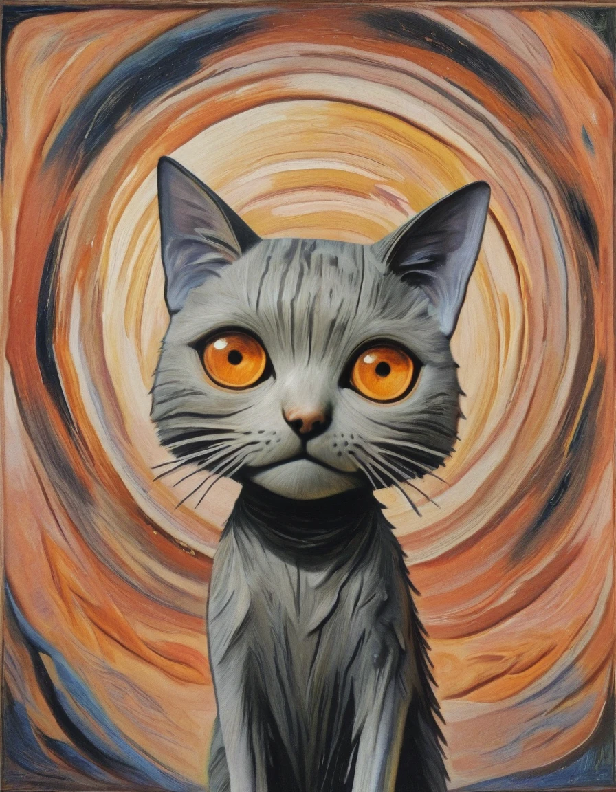 grey cat, orange eyes, cyan background, abstract background, traditional media, oil painting \(medium\), masterpiece, best quality,
<lora:illkoot:1>