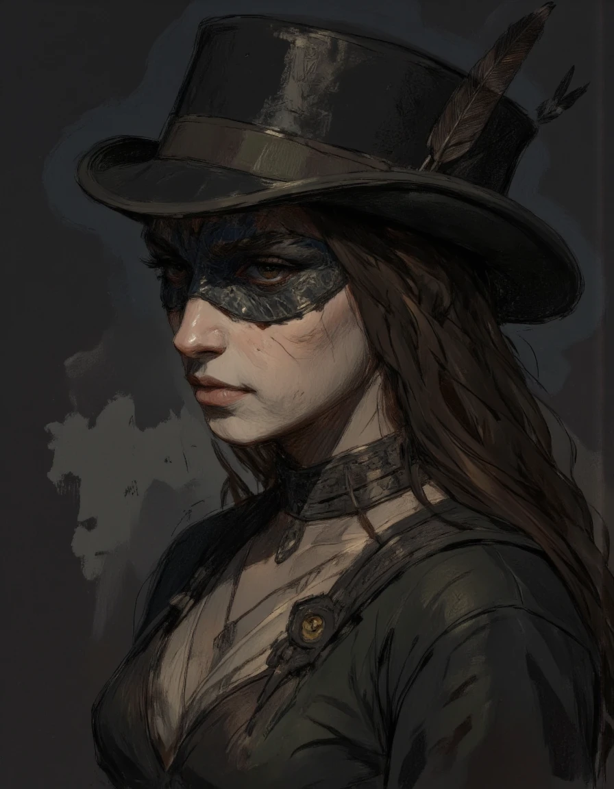 Close up portrait in Ev Ganin II style.
A young hunter woman wearing a black top hat and a black mask. The hat is tall and wide, with a pointed brim and a feather on top. The mask is made of black leather and has intricate designs on it. The woman is also wearing a full-body outfit with a high collar and a corset-like design. She has long dark hair and is looking off to the side with a serious expression on her face. The background is dark and moody, creating a dramatic and mysterious atmosphere. <lora:Ganin_II:1.0>